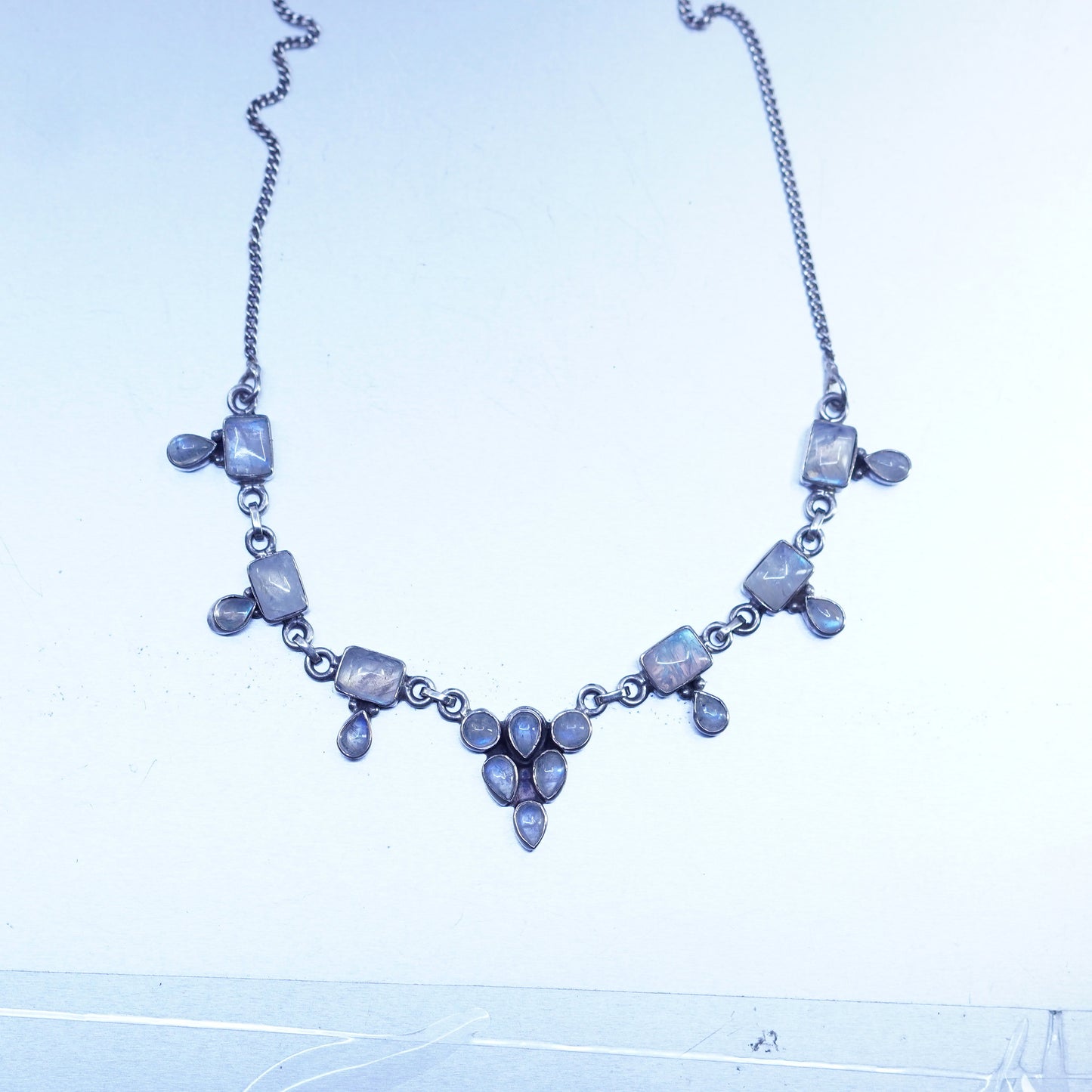 16”, vintage Sterling 925 silver handmade necklace with moonstone pendants