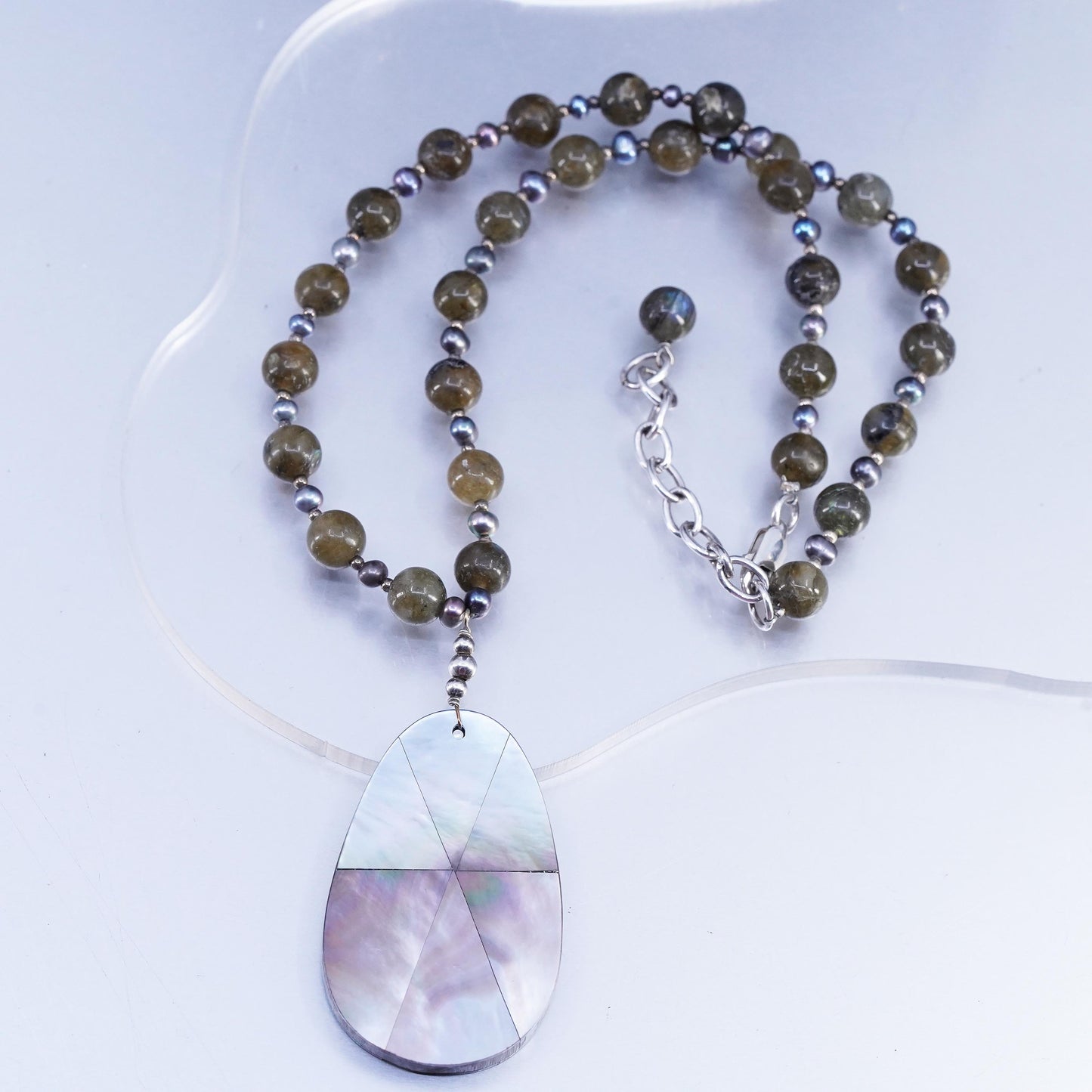 16+2", Sterling Silver 925 necklace labradorite beads teardrop abalone pendant