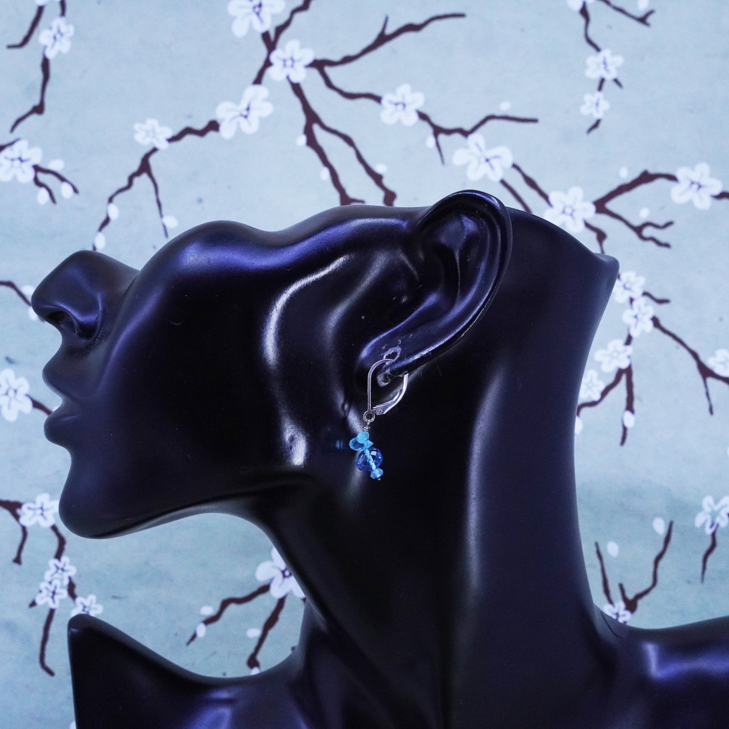Vintage sterling silver handmade earrings, 925 silver with blue crystal drops