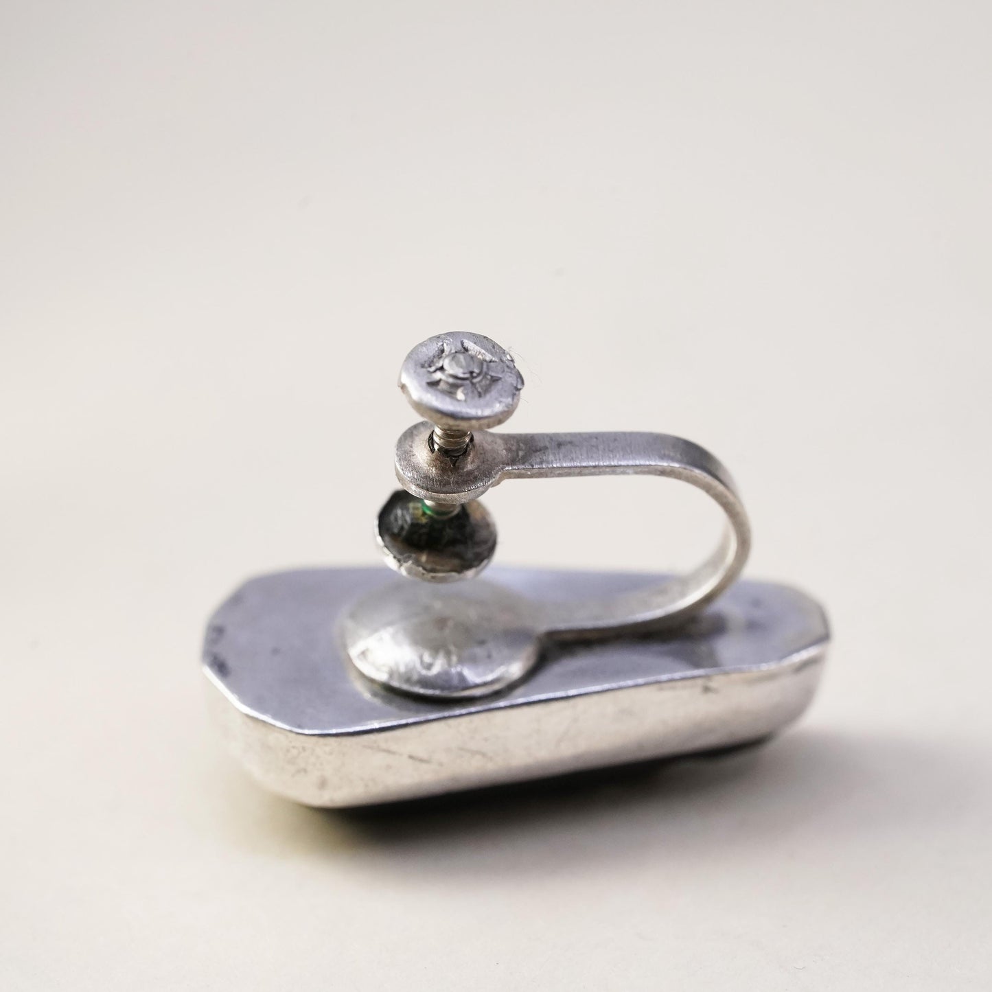 Mexican sterling silver single earring, 925 screw back with Carved Warrior Onyx