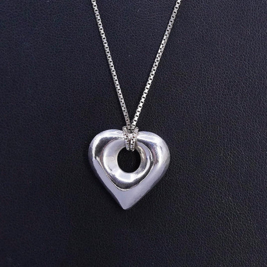 22", vintage Sterling silver necklace, 925 box chain with puffy heart pendant