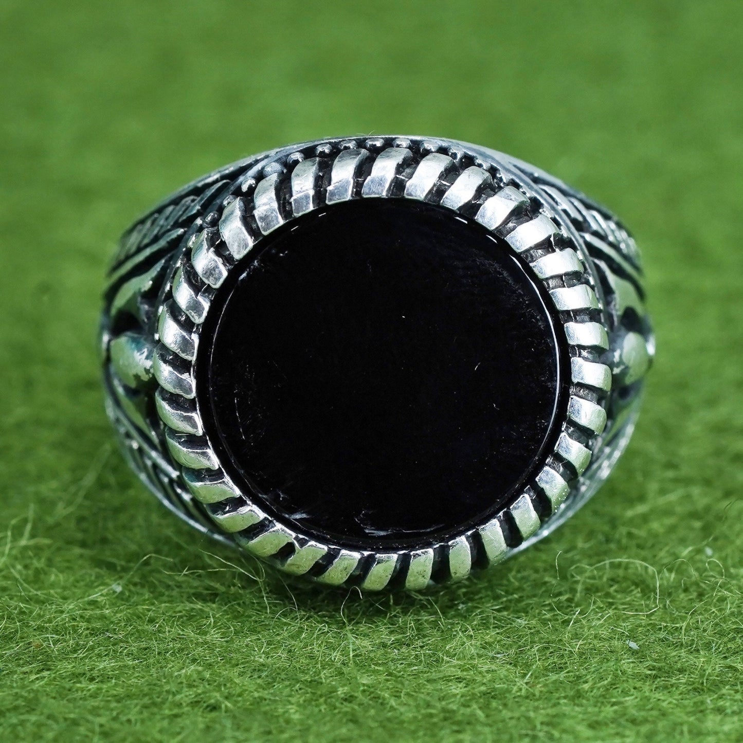 Size 8.25, sterling silver ring, Mexico 925 statement ring with round obsidian