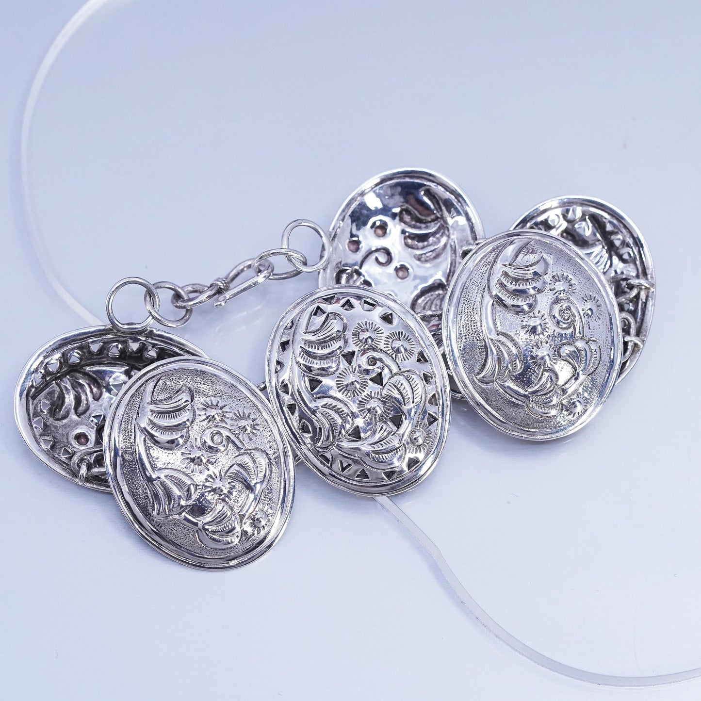 Designer DS Sterling Silver 925 Floral Oval Chain Linked 7" 6 Station Bracelet