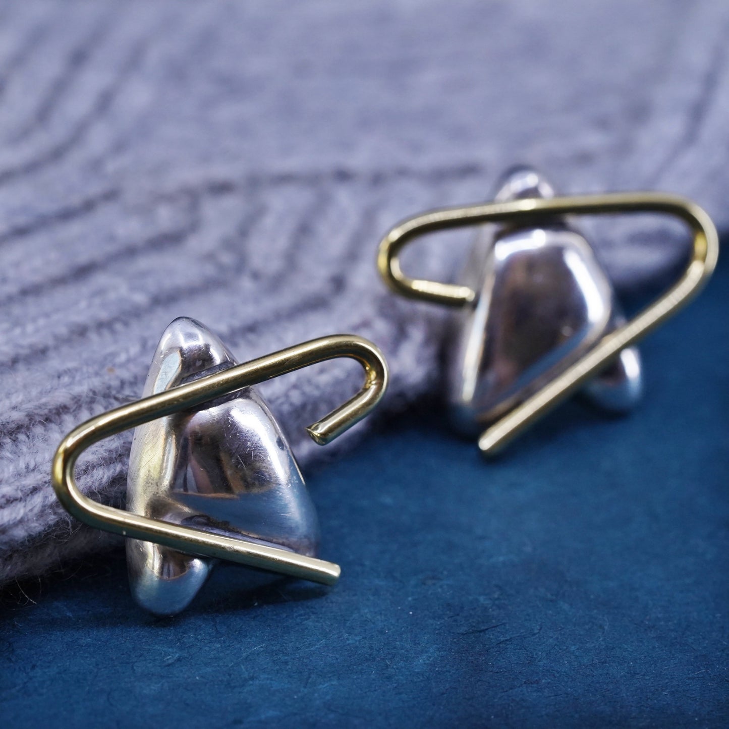 Vintage two tone Sterling silver handmade earrings, 925 studs with cable around