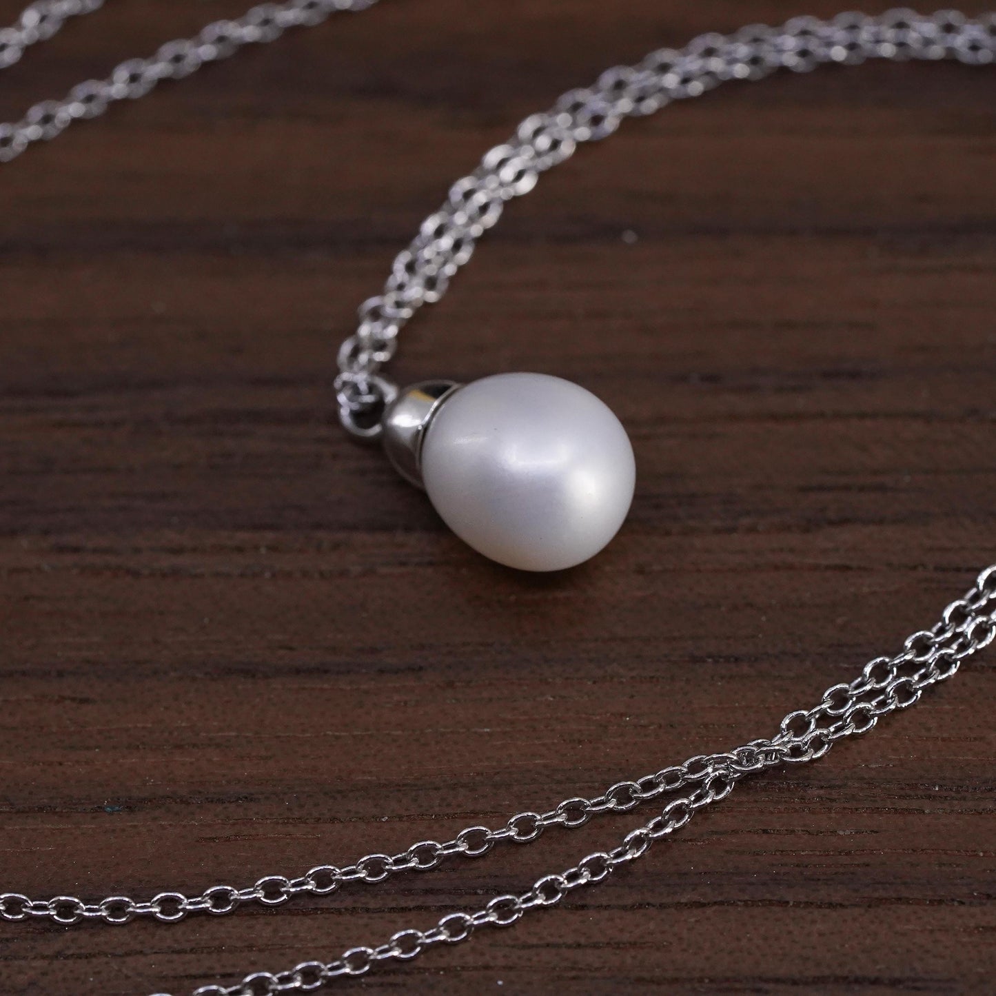 16+2”, vintage Sterling silver necklace, 925 circle chain with pearl pendant