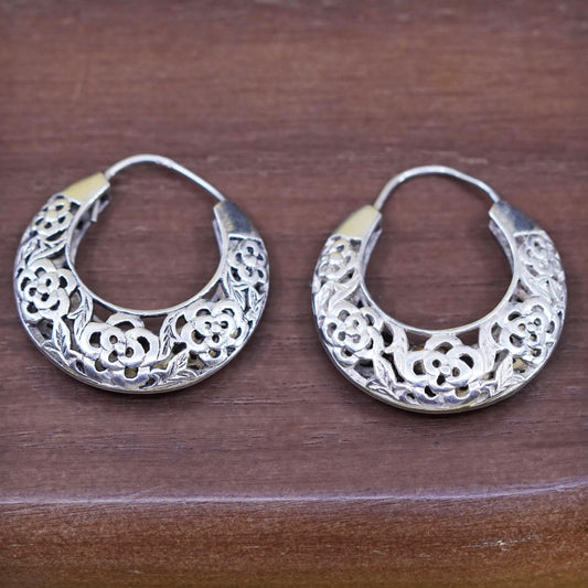 1.25”, vtg Sterling silver filigree hoop earrings, 925 handmade flower huggie