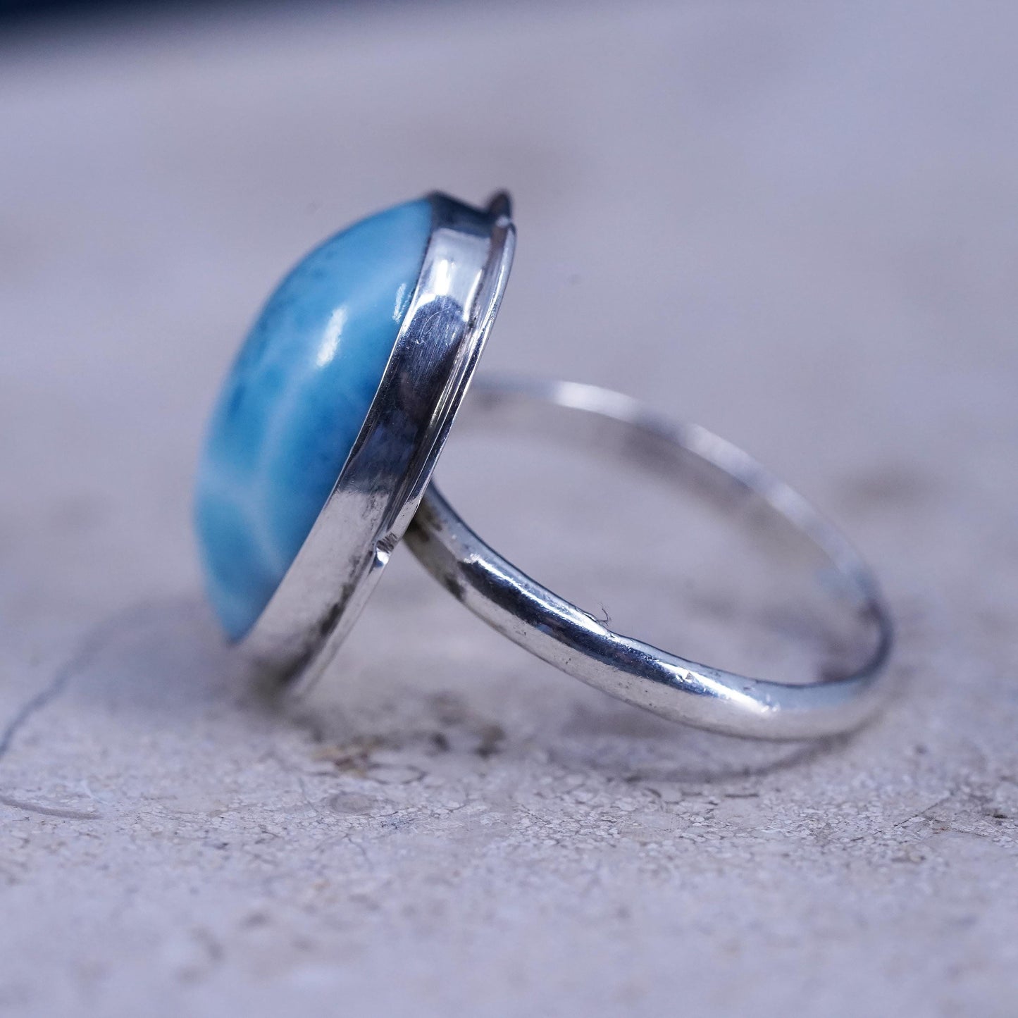 Size 5.5, Vintage sterling 925 silver handmade ring with oval larimar