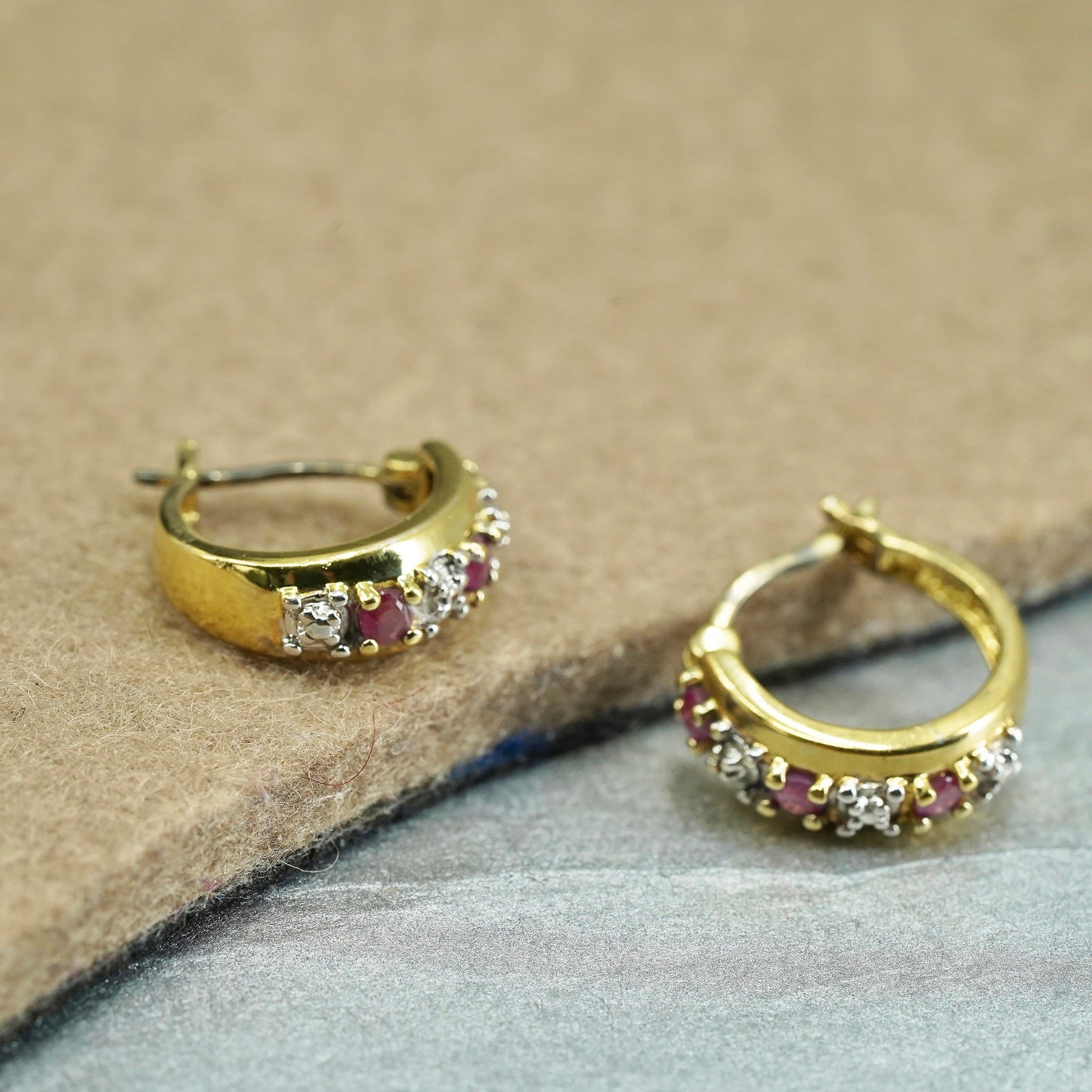 0.5”, vermeil gold over Sterling silver earrings, 925 huggie hoops ruby diamond