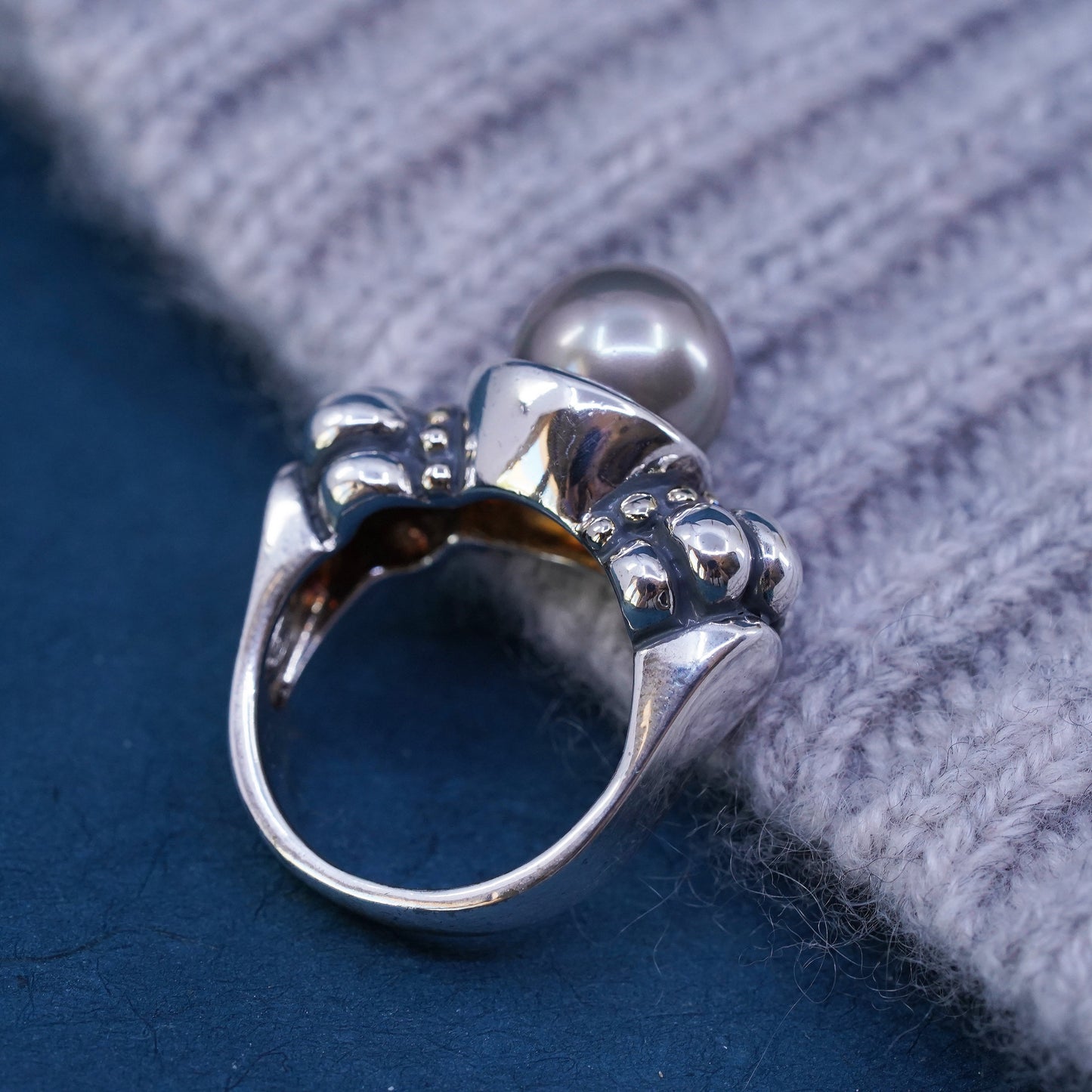 Size 7, vintage Israel Sterling silver handmade beaded ring with pearl
