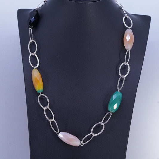 18+1.5" Vintage Sterling 925 Silver hammered Oval Chain multi color chalcedony
