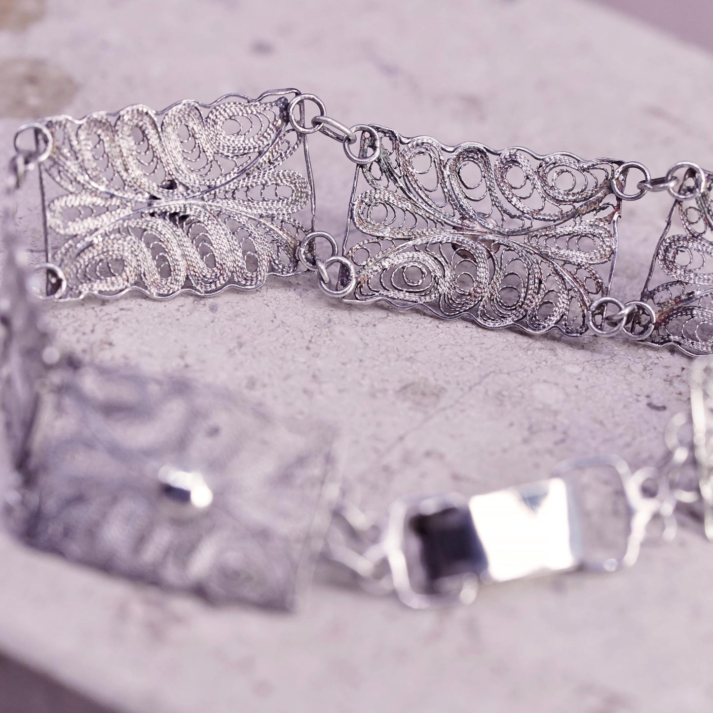 7", vintage sterling silver handmade bracelet, 925 filigree disc bracelet