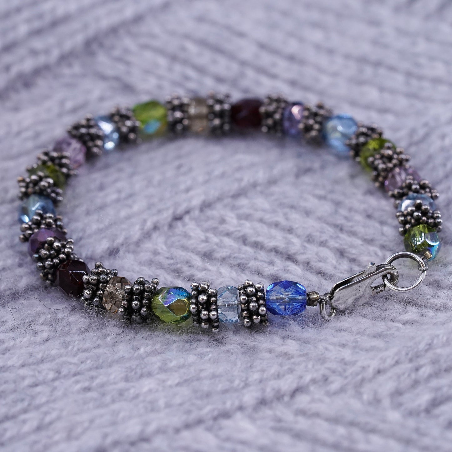 6.5", Sterling 925 silver bracelet with colorful crystal peridot garnet citrine