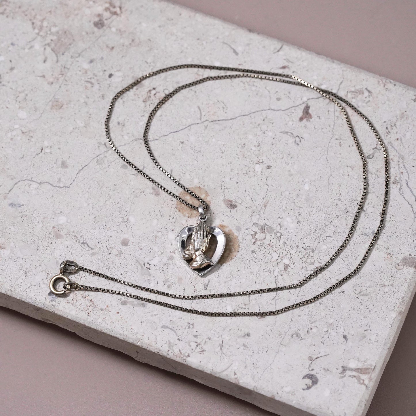19", two tone Sterling silver necklace, 925 chain heart pendant prayer’s hands