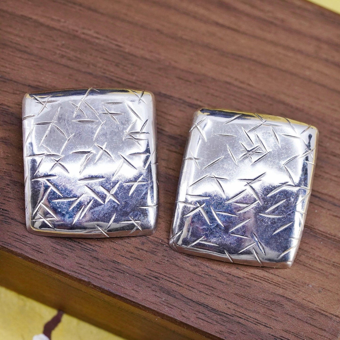 Vintage Sterling silver handmade earrings, textured 925 rectangular studs