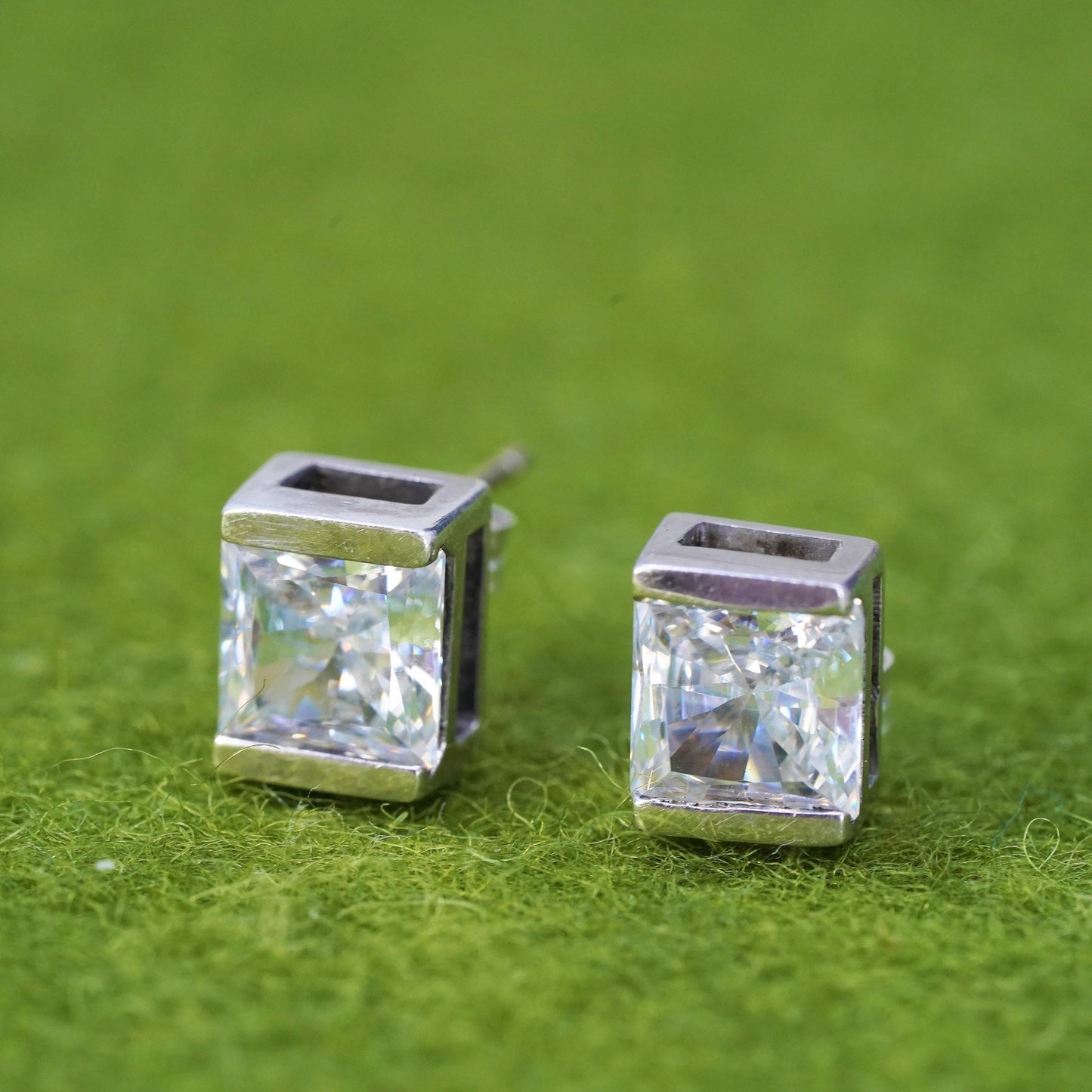 Vintage sterling 925 silver square cz studs, earrings