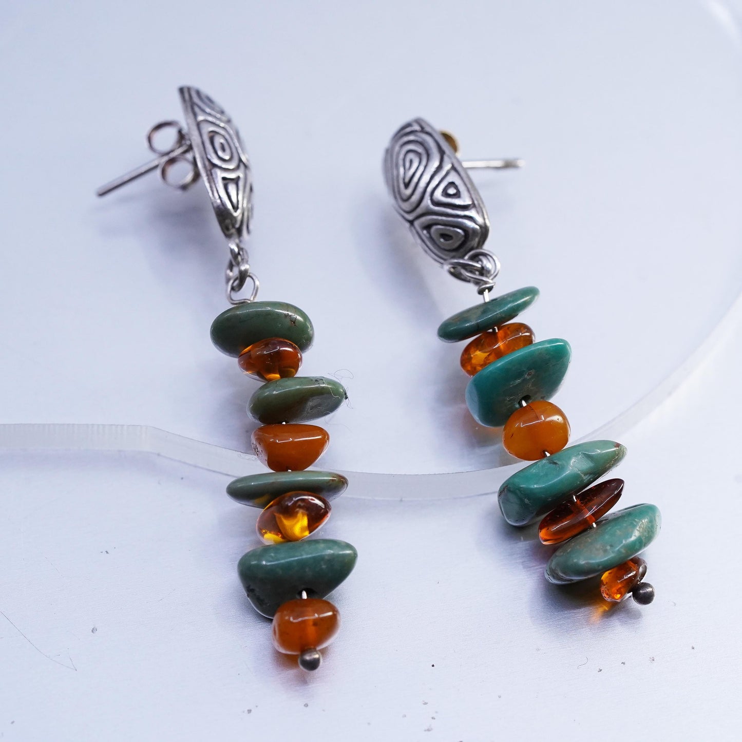 Indonesia handmade Sterling Silver handmade earrings, Turquoise Amber beads