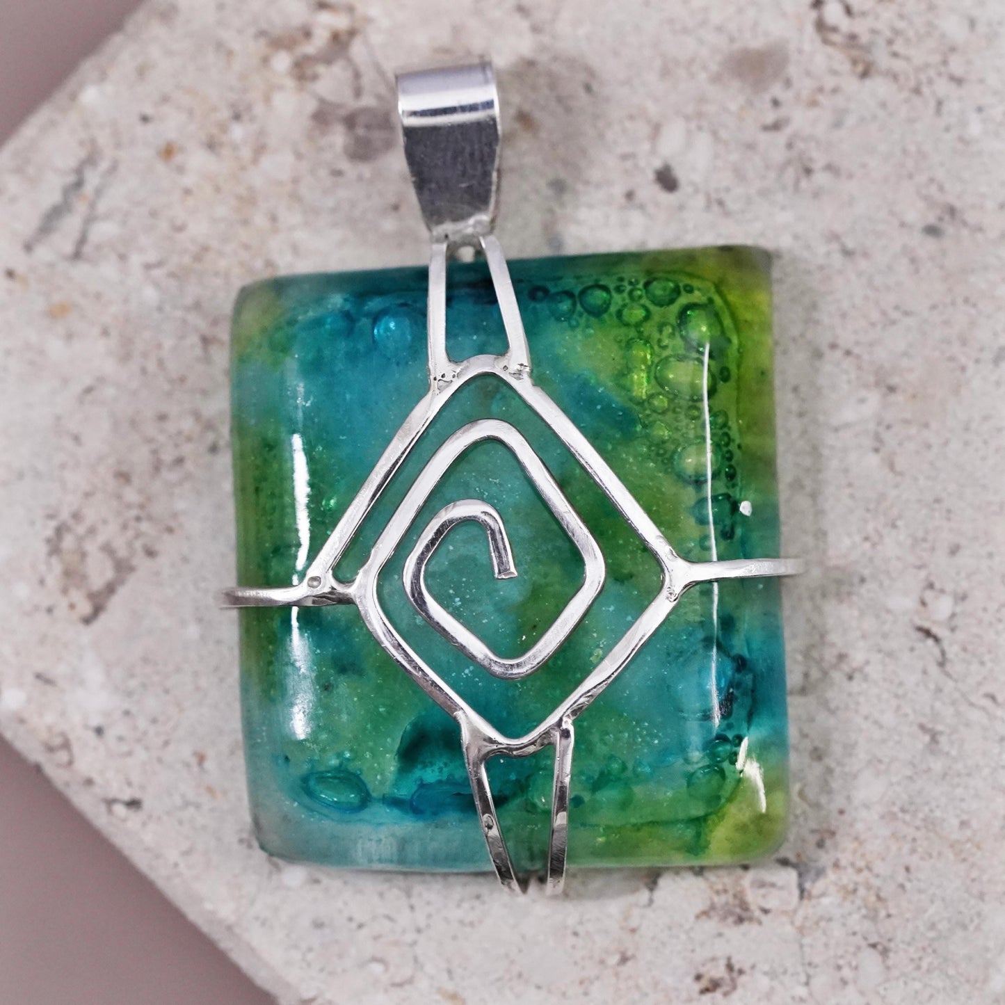 Vintage sterling 925 silver handmade square pendant green dichroic foiled glass