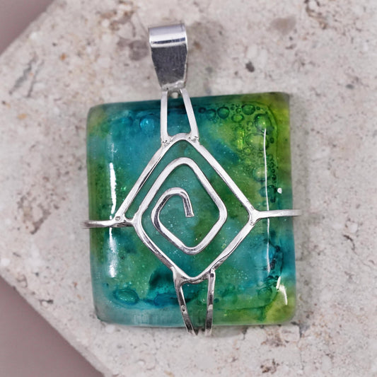 Vintage sterling 925 silver handmade square pendant green dichroic foiled glass