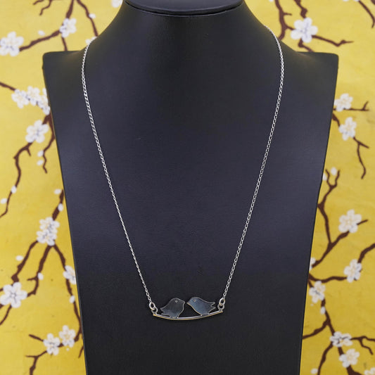 18+2” 1.6mm, vintage Sterling silver necklace, 925 curb chain love bird pendant