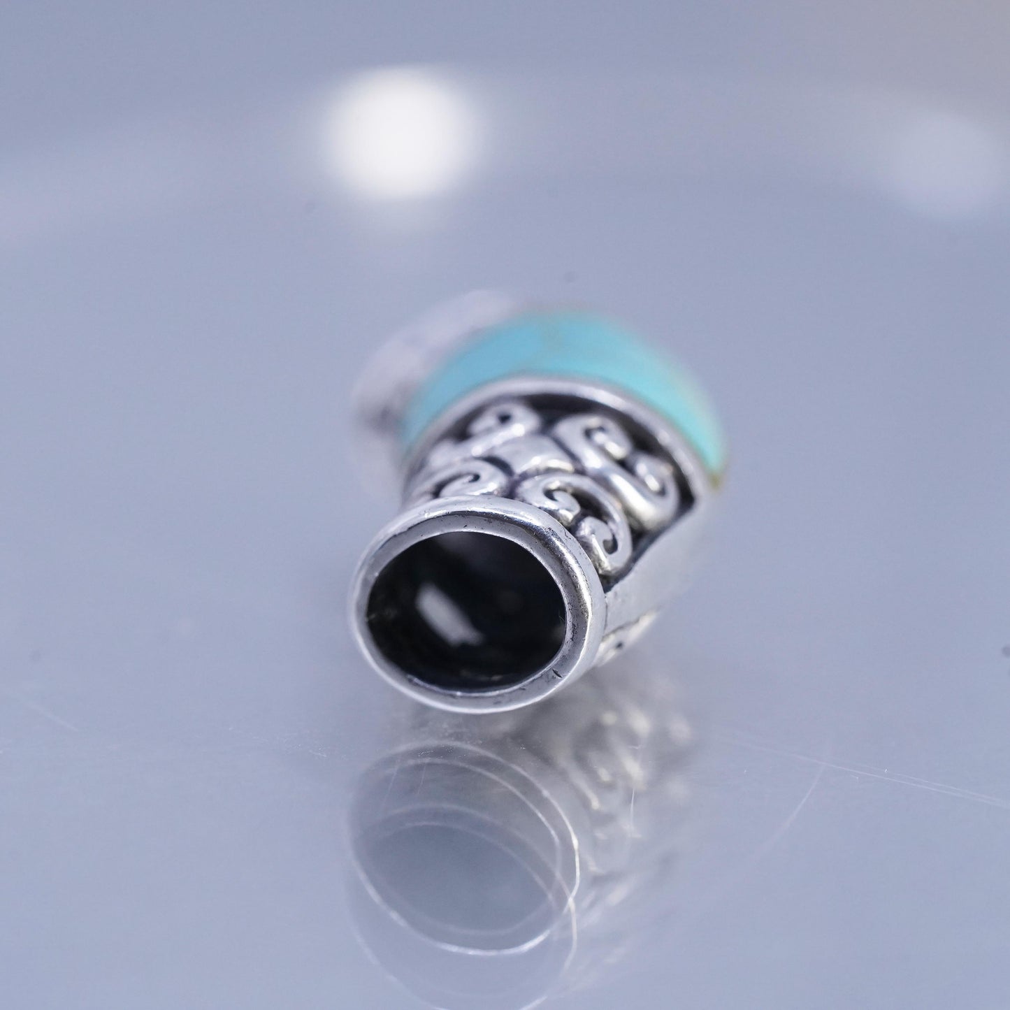 Vintage Thailand sterling 925 silver filigree slide pendant turquoise inlay