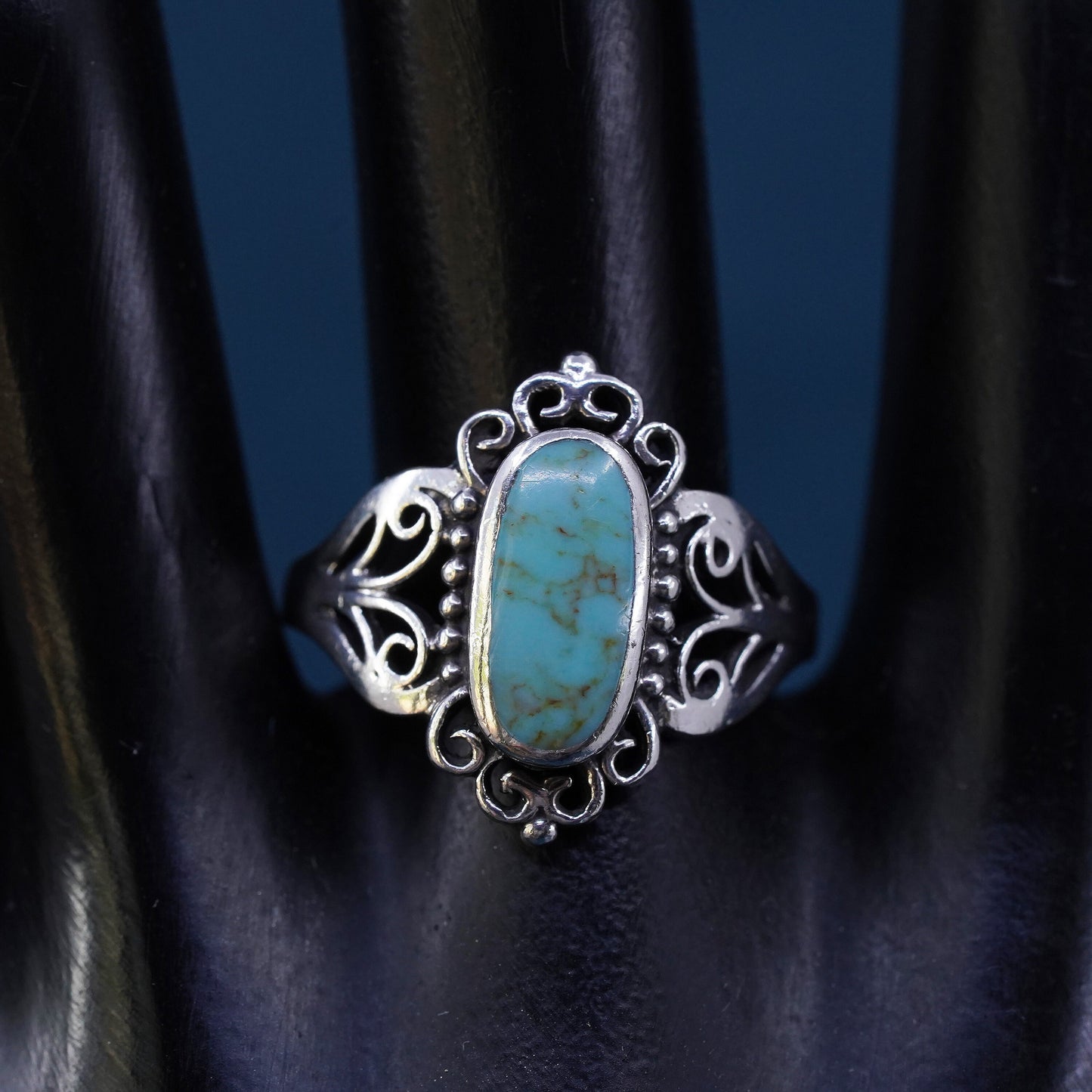 Size 10, vintage Sterling 925 silver handmade ring with turquoise and beads
