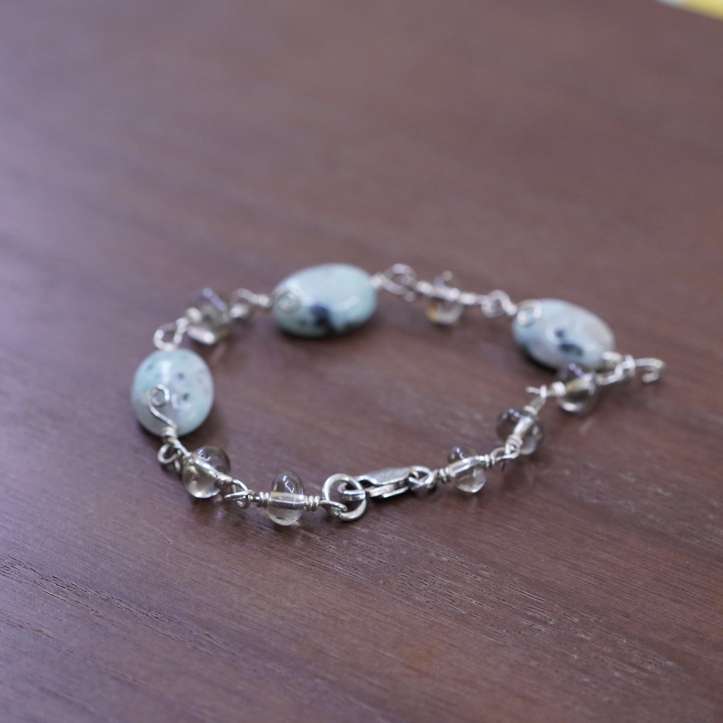 5.75”, Vintage Sterling 925 silver handmade bracelet w/ Jasper nuggets bracelet