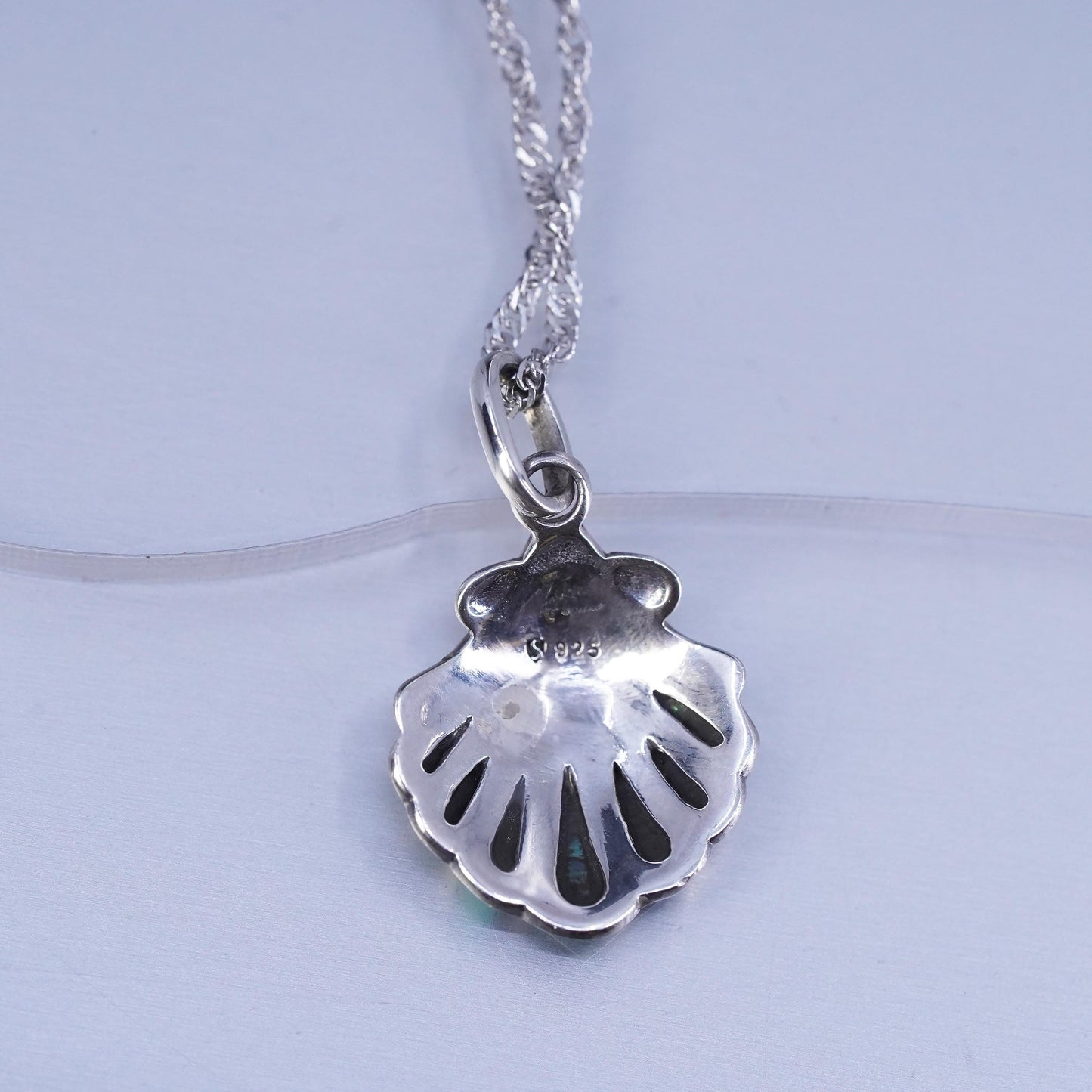 17+2” Sterling 925 silver Singapore rope chain necklace abalone shell pendant