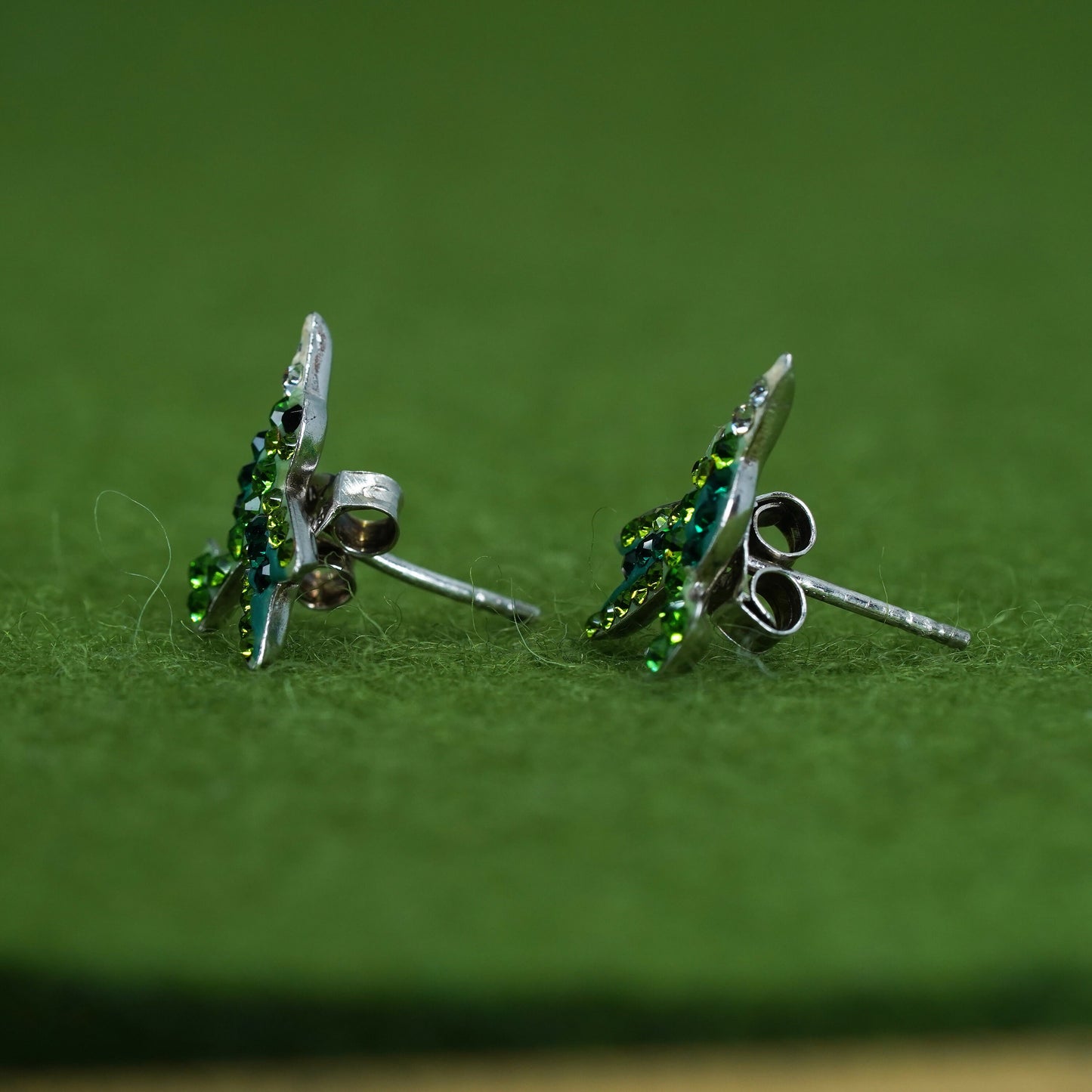 Vintage sterling silver hummingbird studs, 925 bird earrings with green crystal