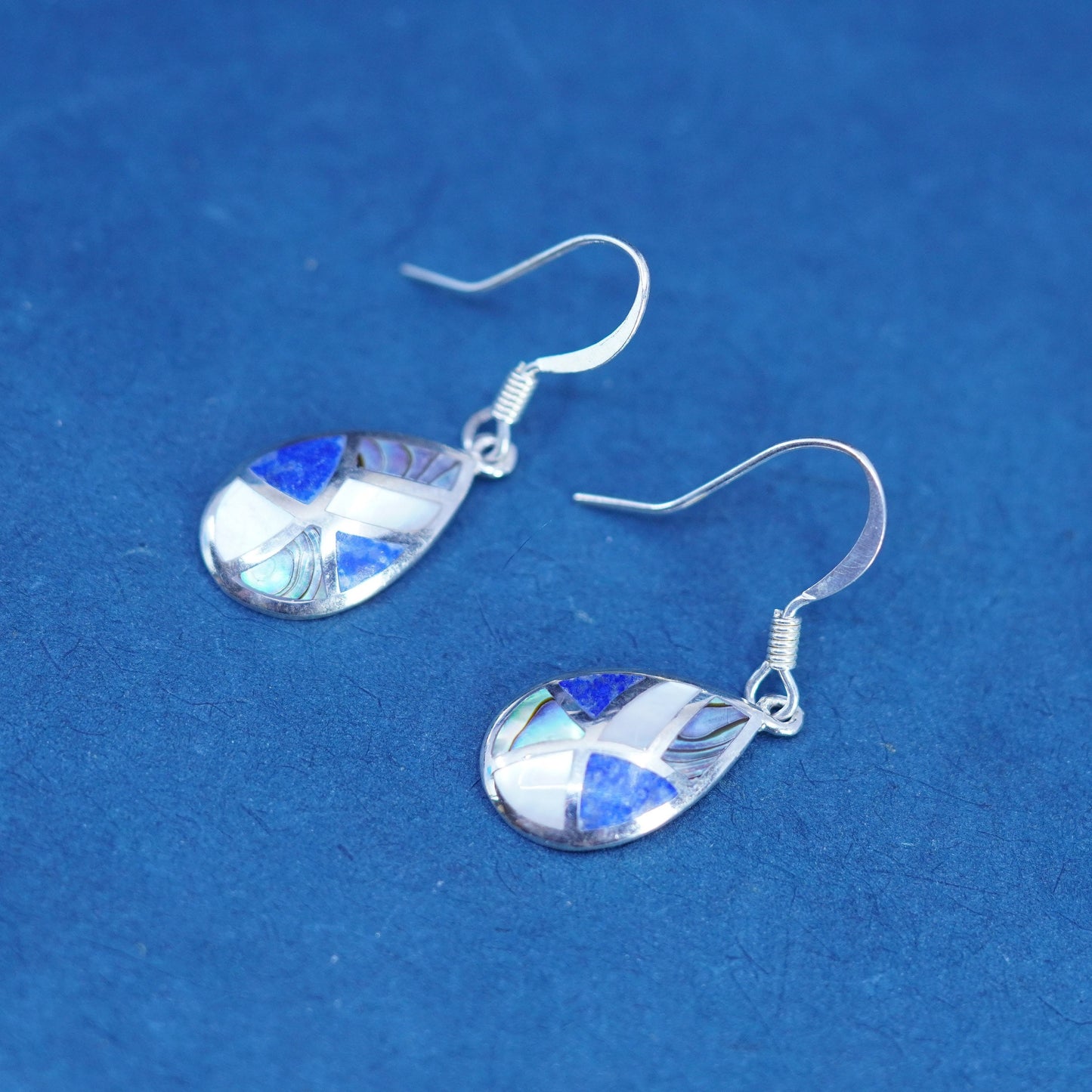 Sterling 925 silver handmade teardrop earrings lapis lazuli, mother of pearl