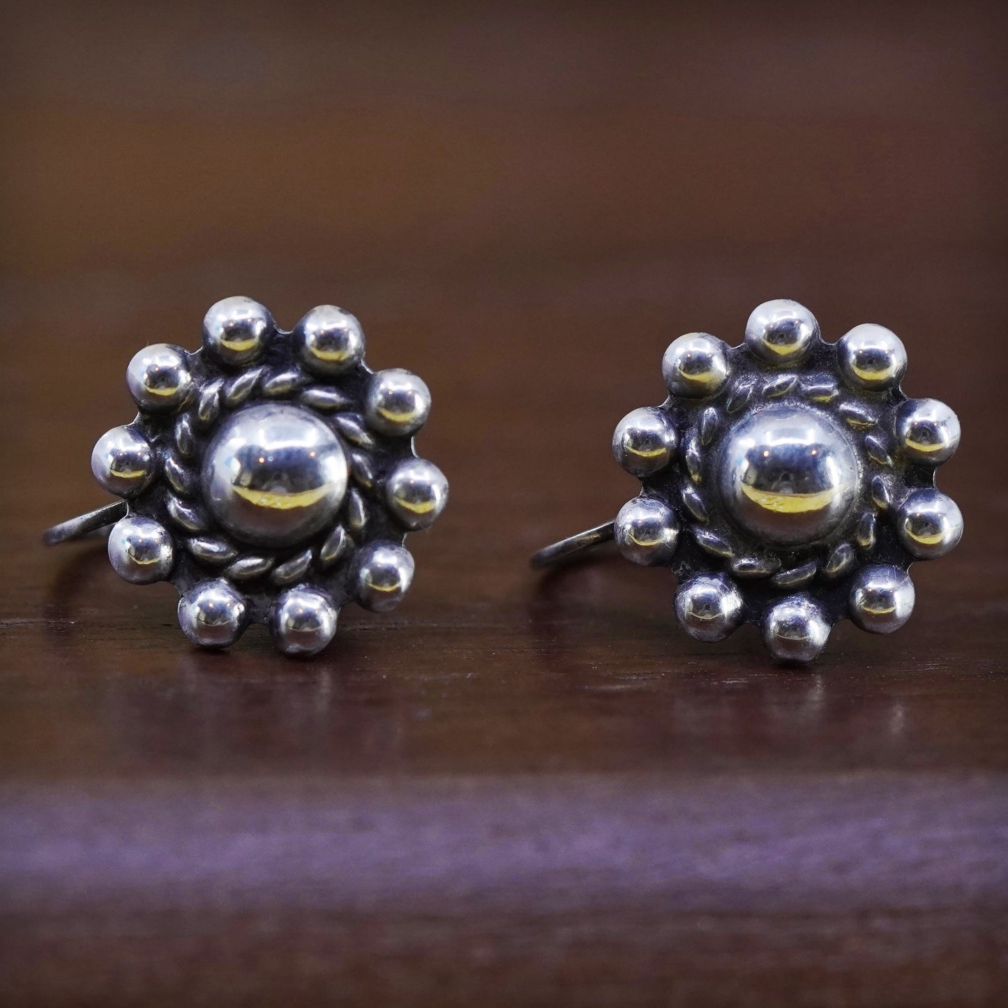 Vintage Sterling silver handmade screw back earrings, 925 flower