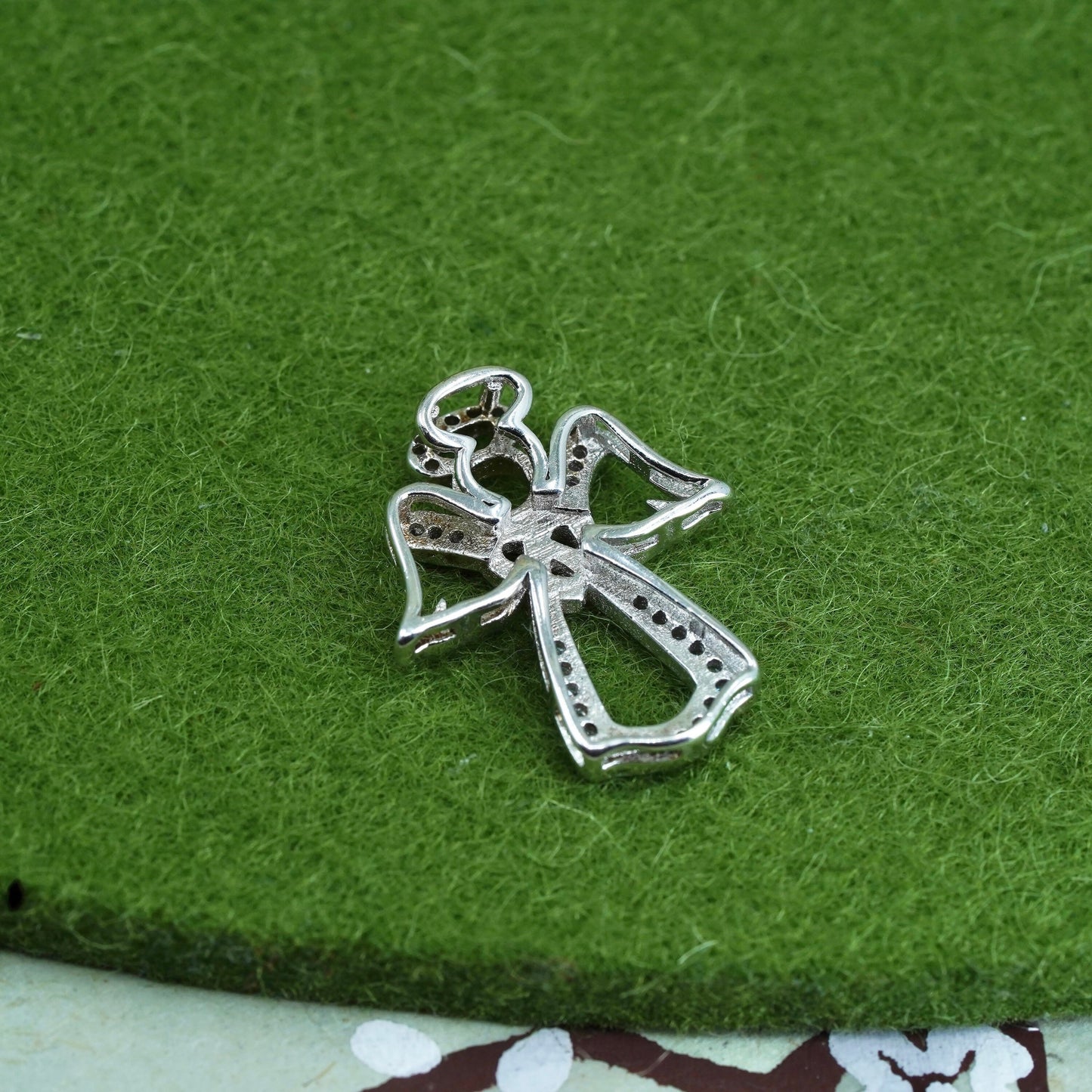 Vintage Sterling silver angel pendant, 925 charm with diamond detail