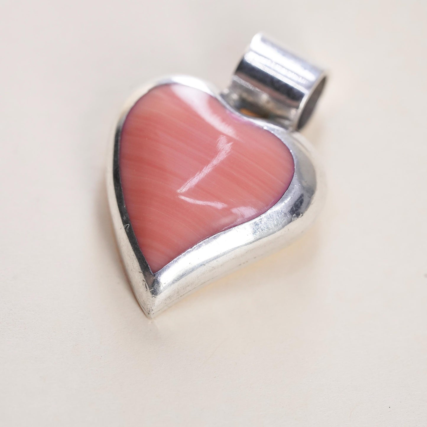 vintage handmade sterling silver heart pendant, Mexican ATI 925 with pink agate