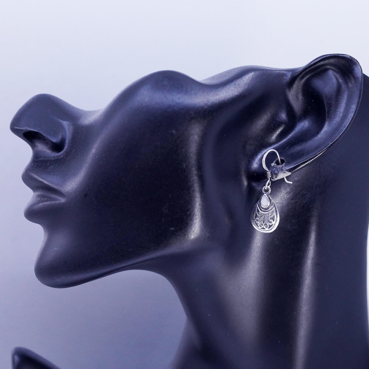 Vintage Sterling 925 Silver Filigree Teardrop Shaped Earrings Mother of Pearl