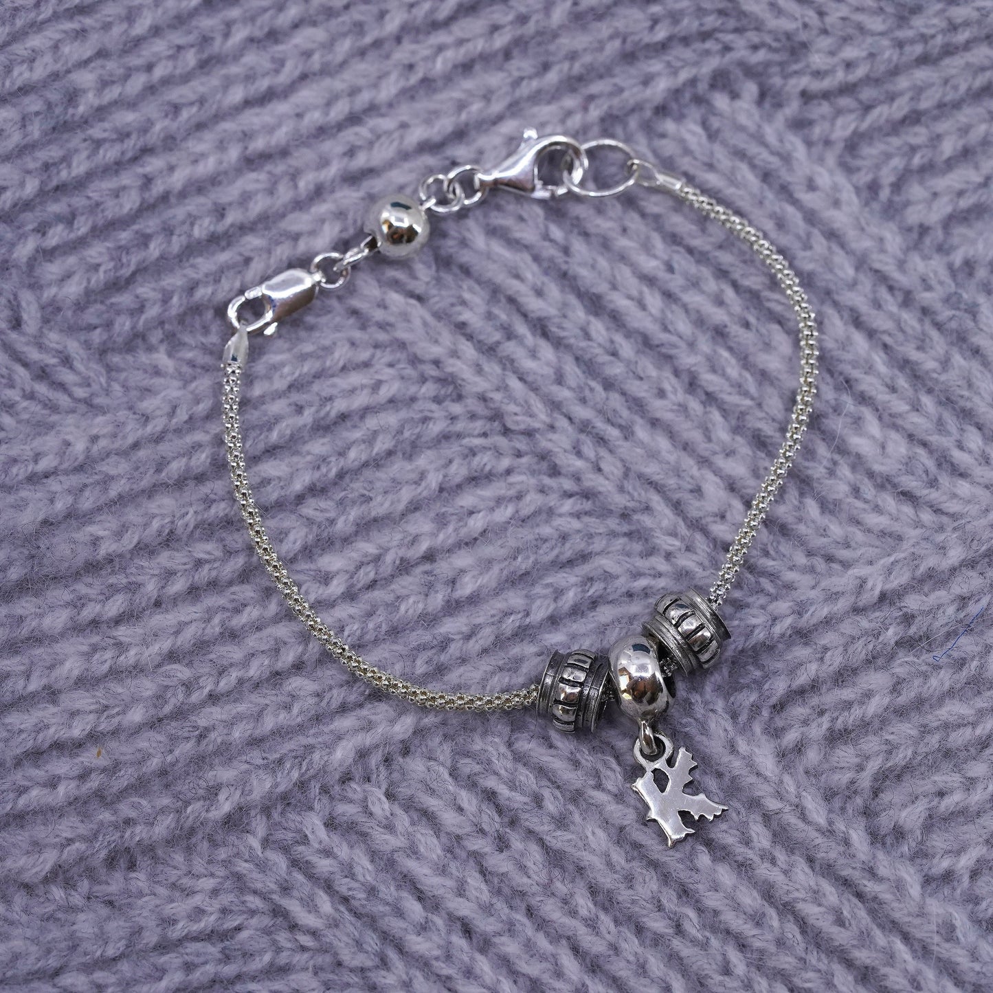 6.5", sterling silver bracelet, 925 popcorn chain w/ divider bead and letter K