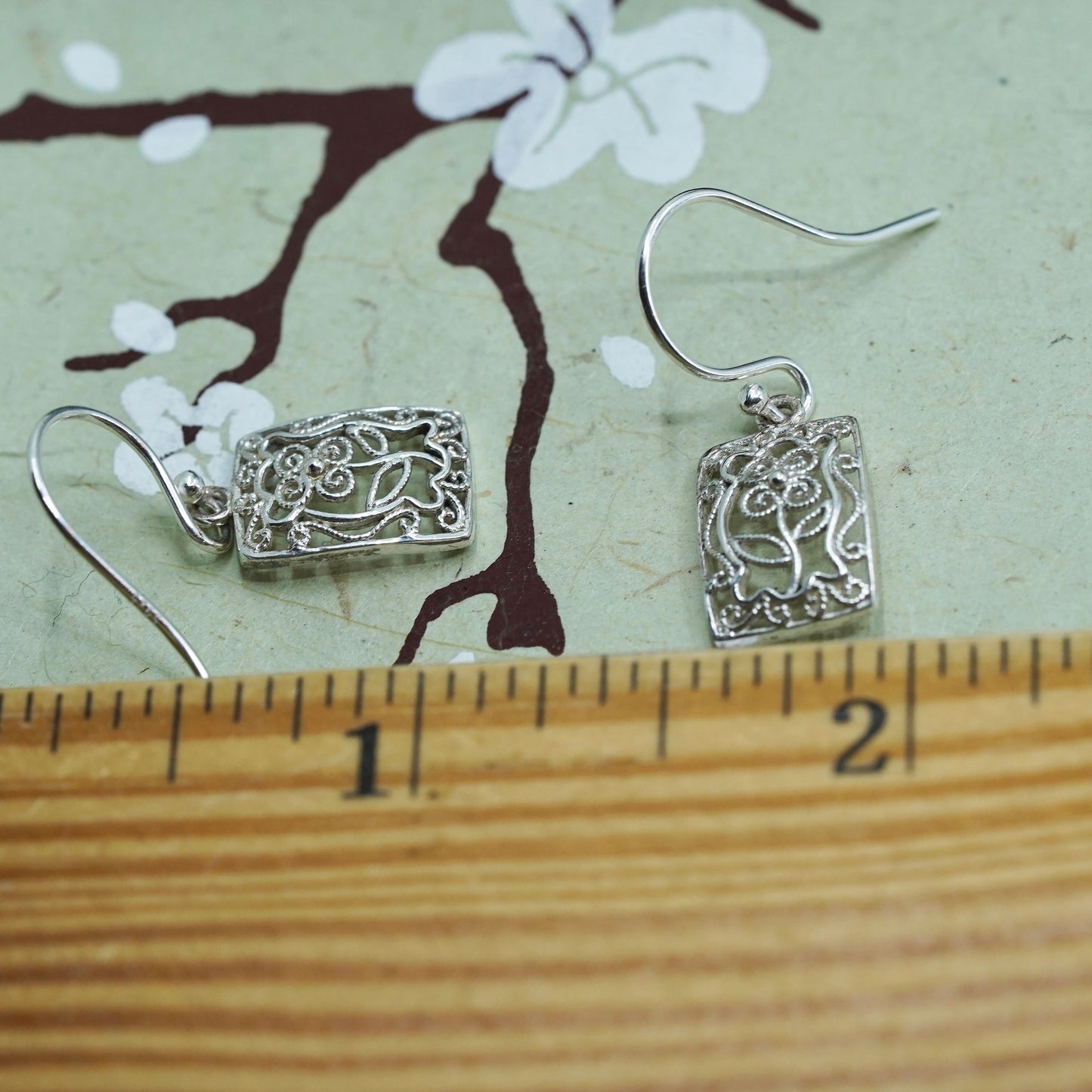 Vintage Sterling silver handmade earrings, 925 filigree rectangular dangles