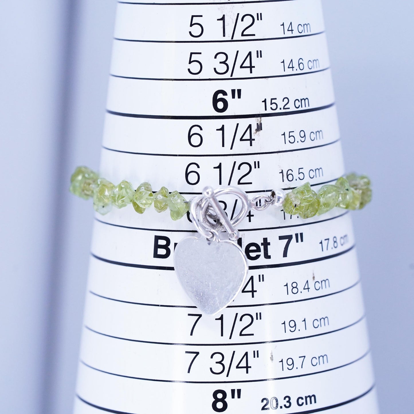 6.75", Sterling 925 Silver peridot Bead Bracelet heart charm toggle closure