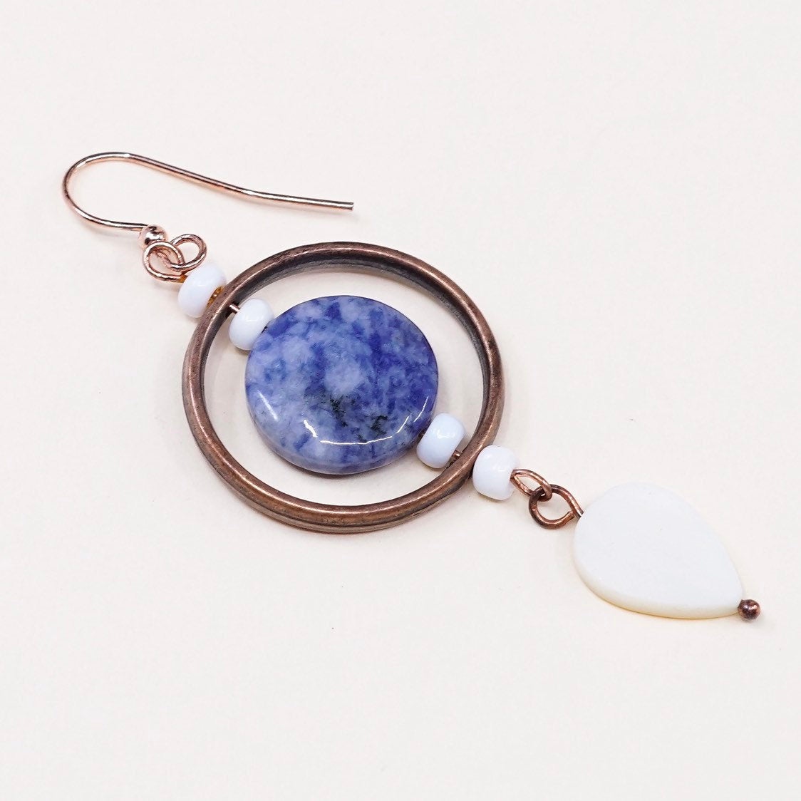 VTG handmade earrings, blue agate mother of pearl drops with copper circle