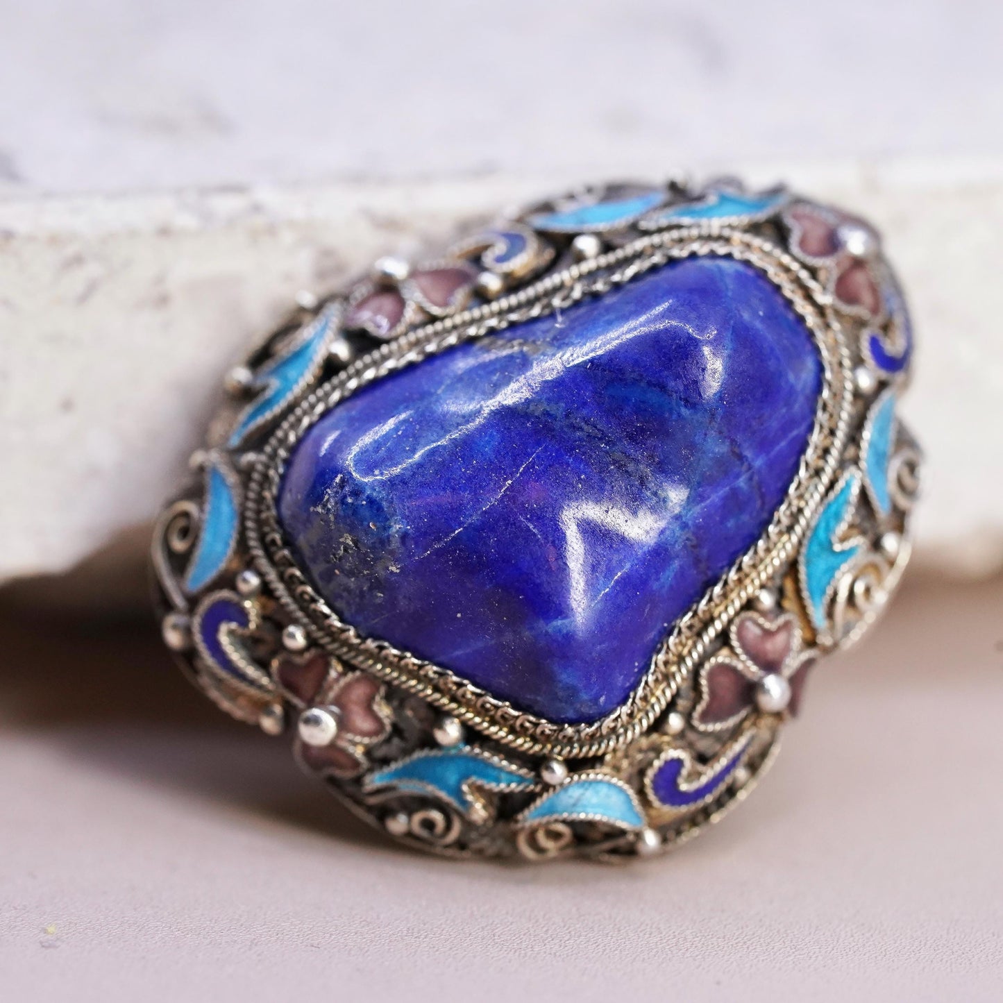 gold tone sterling silver brooch, 925 filigree pin with enamel and lapis lazuli
