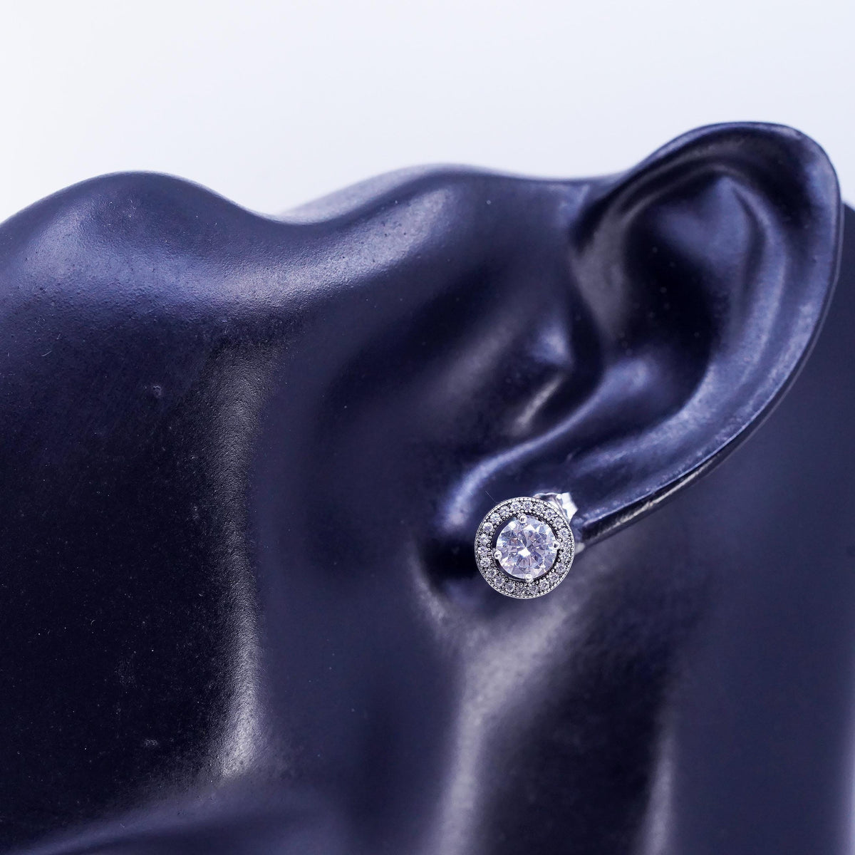 Vintage Sterling 925 silver handmade earrings, circle studs with cluster Cz