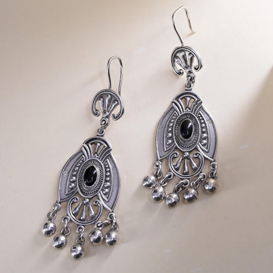 Vintage sterling 925 silver handmade earrings with onyx and bead dangles