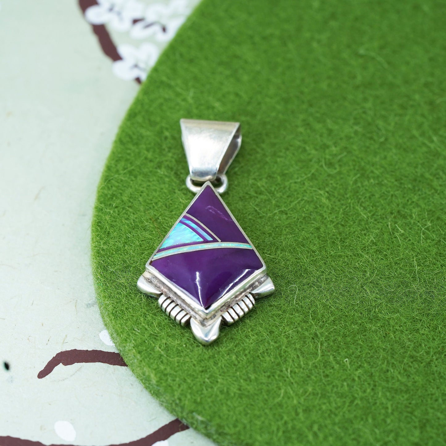 Native American zuni Sterling silver pendant, 925 teardrop w/ opal purple onyx
