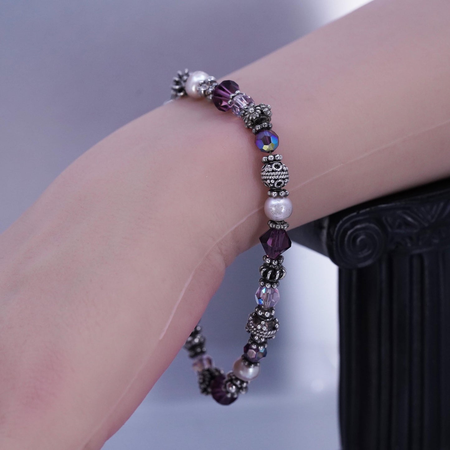 8”, vintage Sterling 925 silver handmade bracelet with pearl amethyst beads