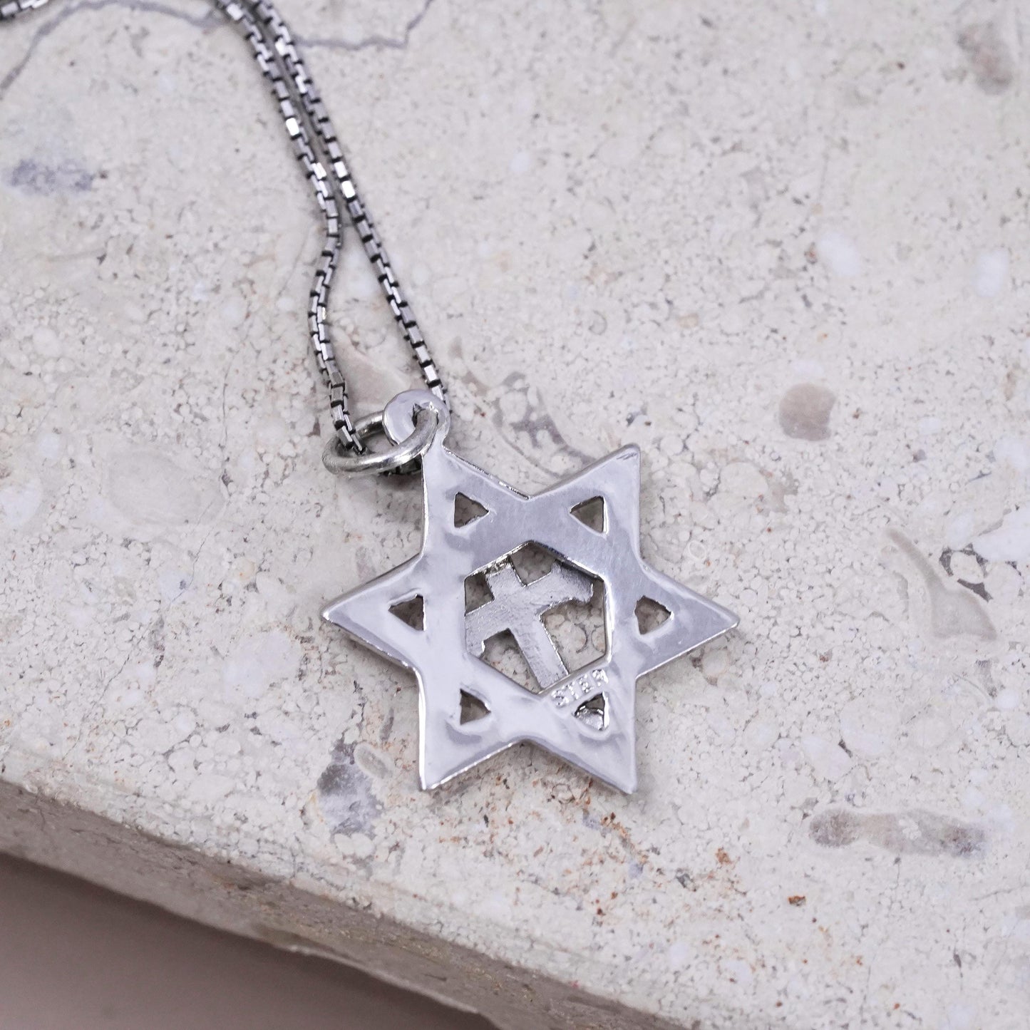18” Sterling 925 silver box chain necklace hexagram Star of David cross pendant