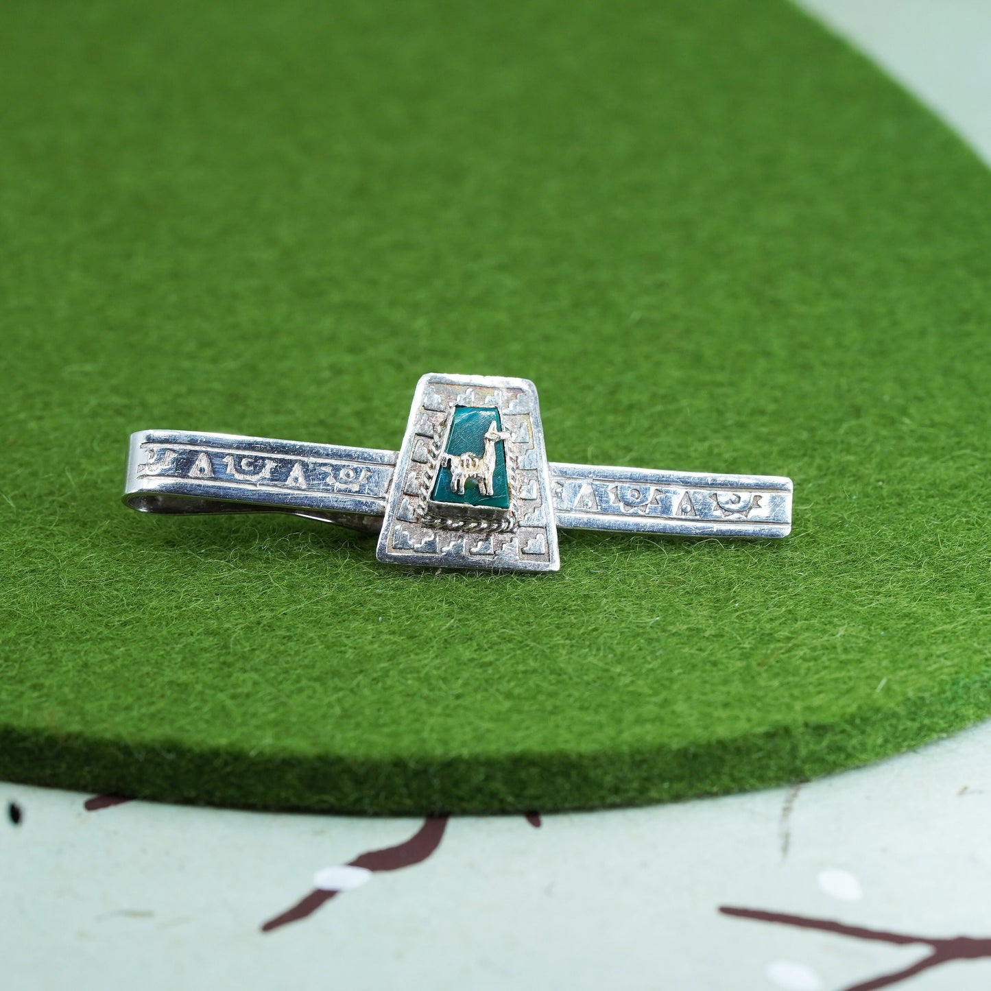 Vintage sterling 925 silver handmade tie clip with turquoise and llama