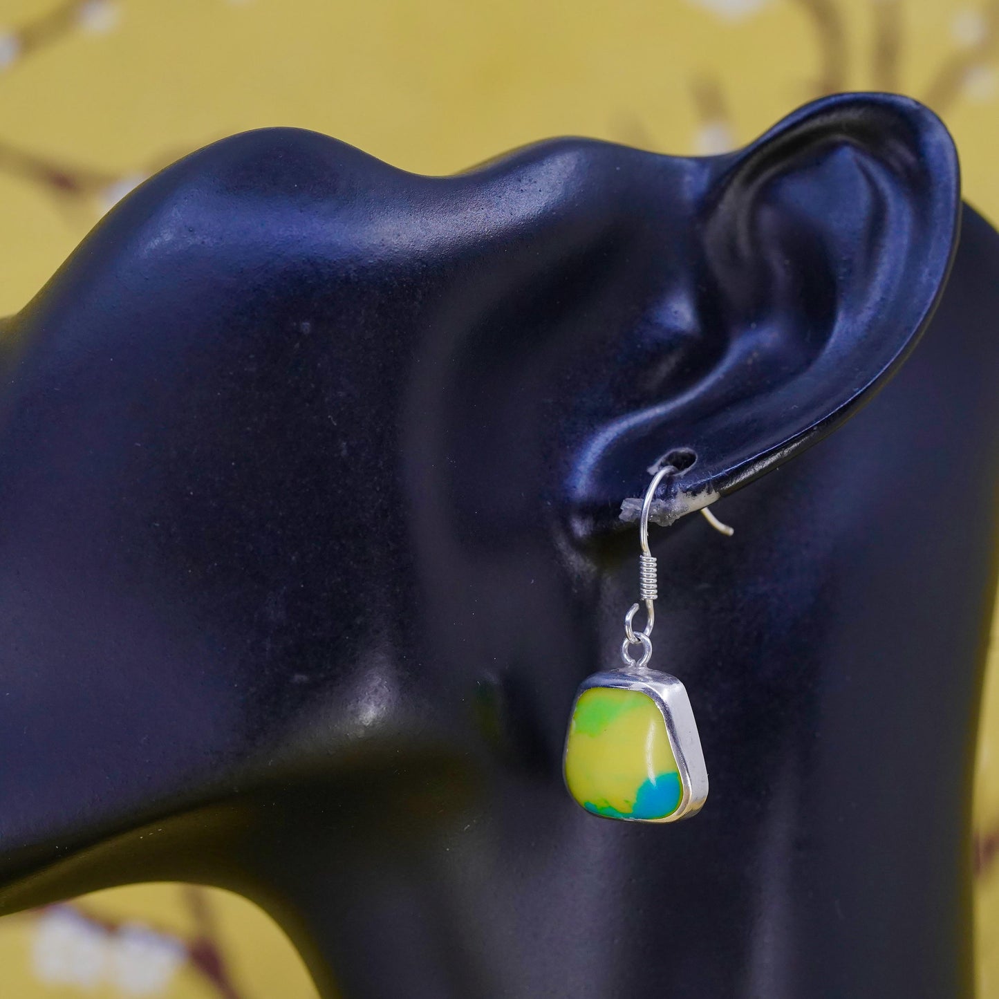 VTG Mexican sterling silver 925 handmade earrings green yellow artisan glass