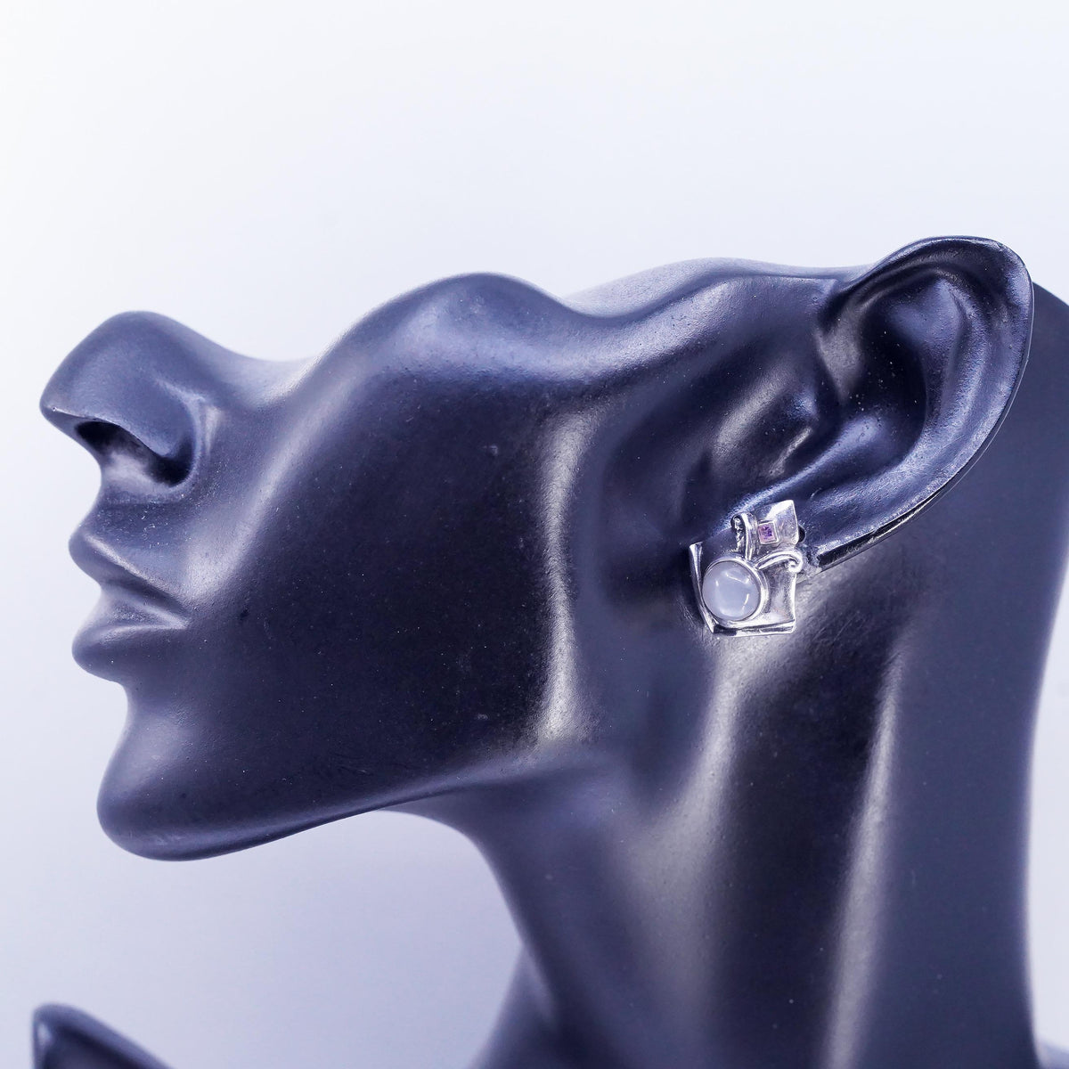 Vintage Sterling 925 silver handmade studs earrings white moonstone amethyst