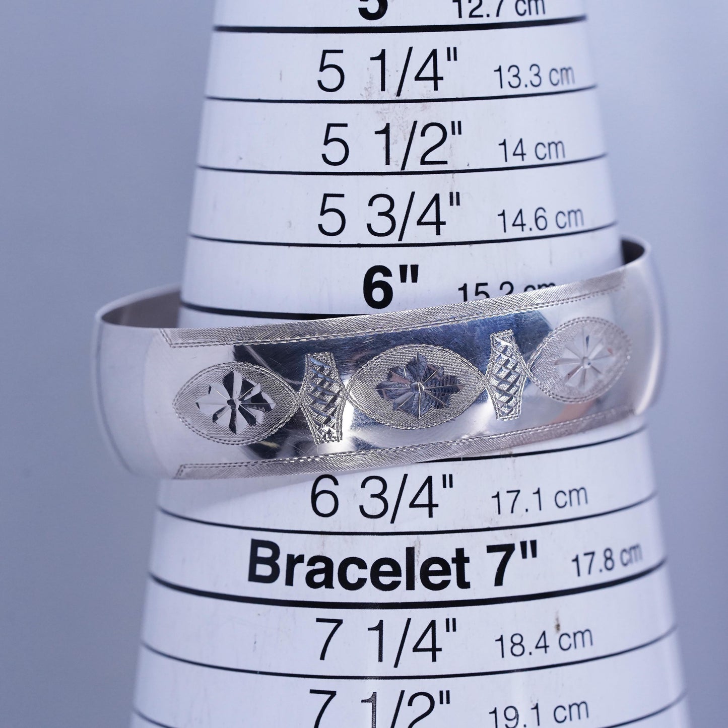 6.5”, Indian Siam sterling silver bracelet, 925 disc engraved goddess cuff