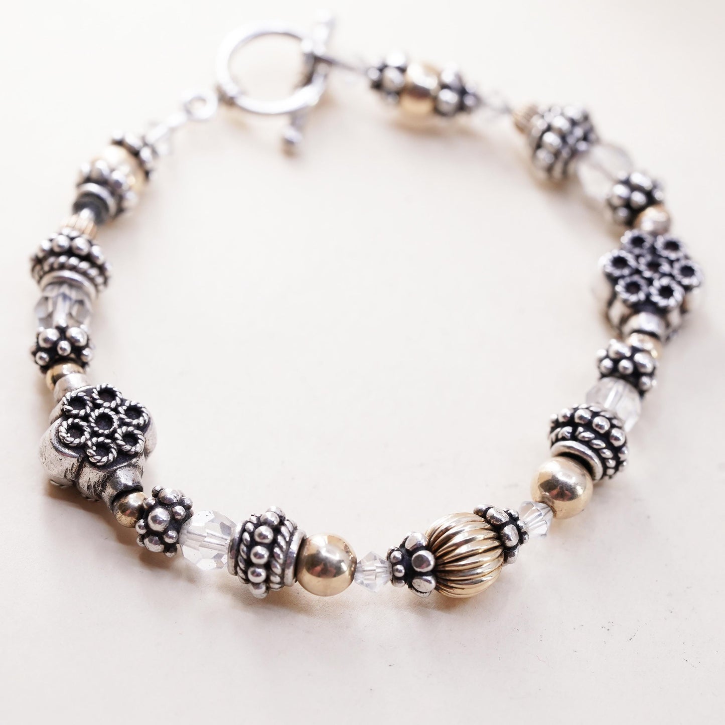 7", VTG handmade bracelet, clear crystal 14K yellow gold beads toggle closure