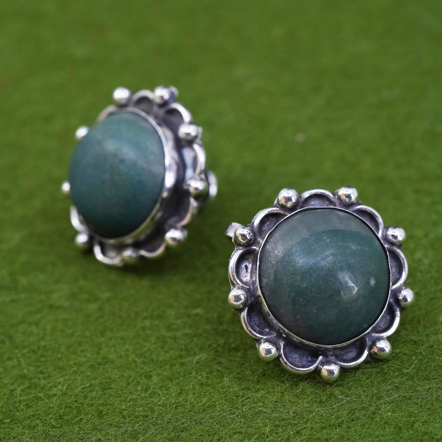 Vintage sterling 925 silver handmade screw back earrings with jade and beads