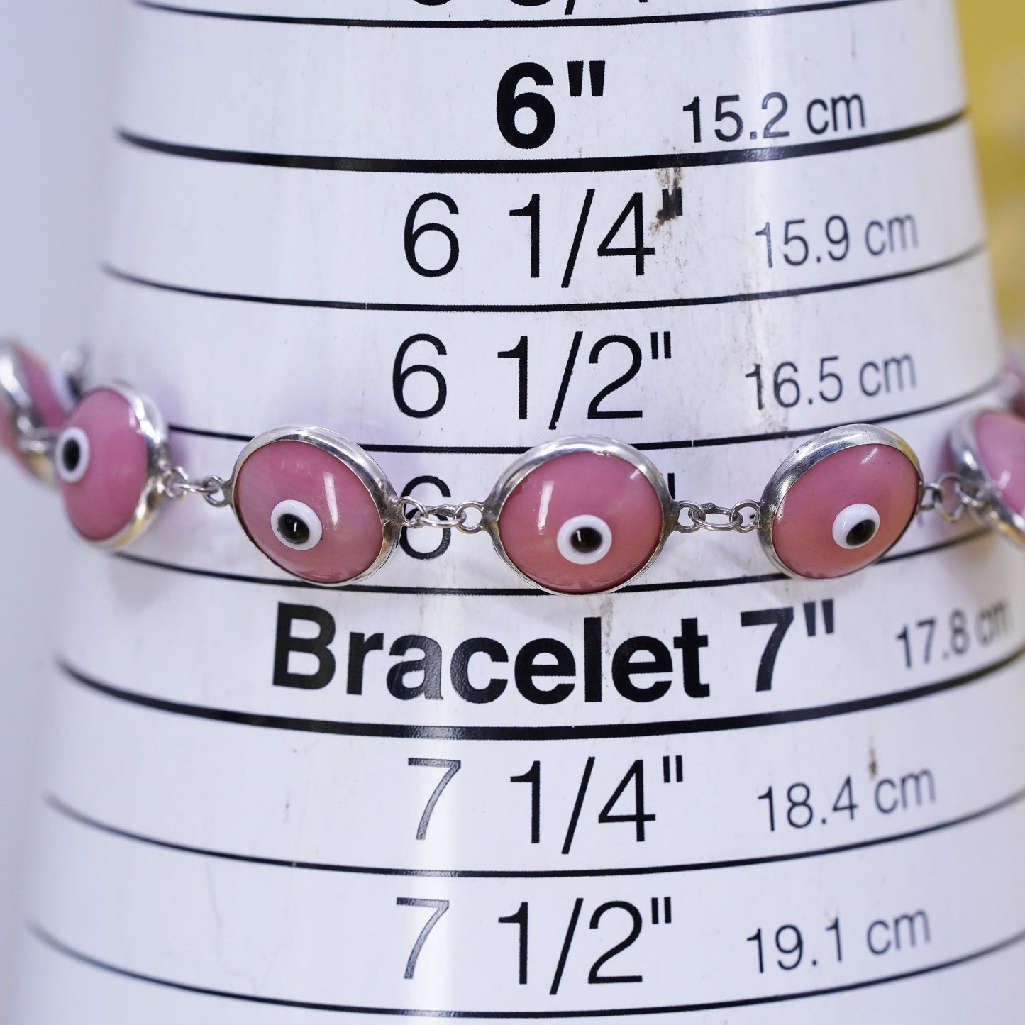 6.75", vintage sterling 925 silver handmade bracelet pink evil eye bracelet